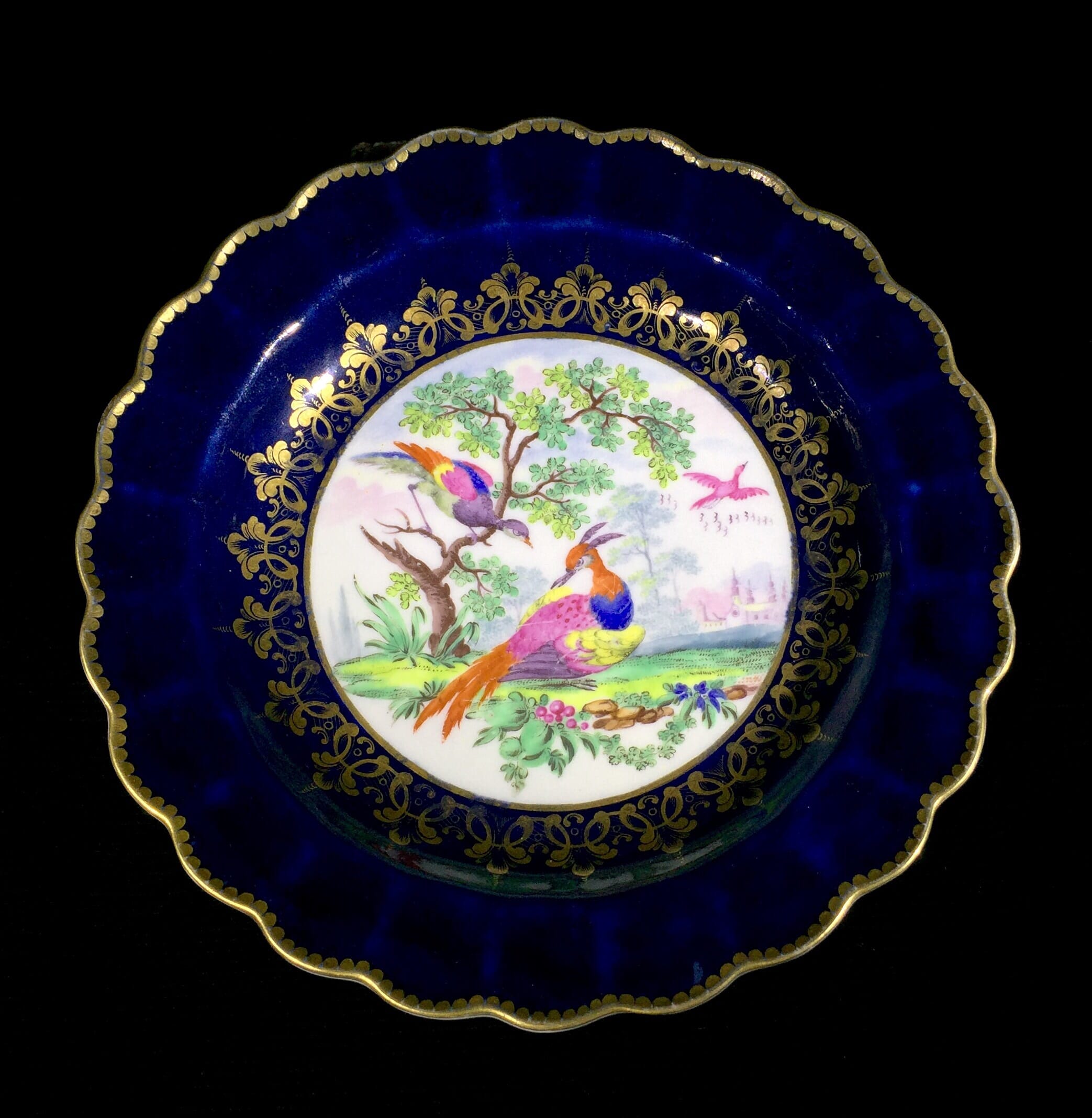 Worcester plate with gros blue ground, exotic birds in landscape, c. 1775-0