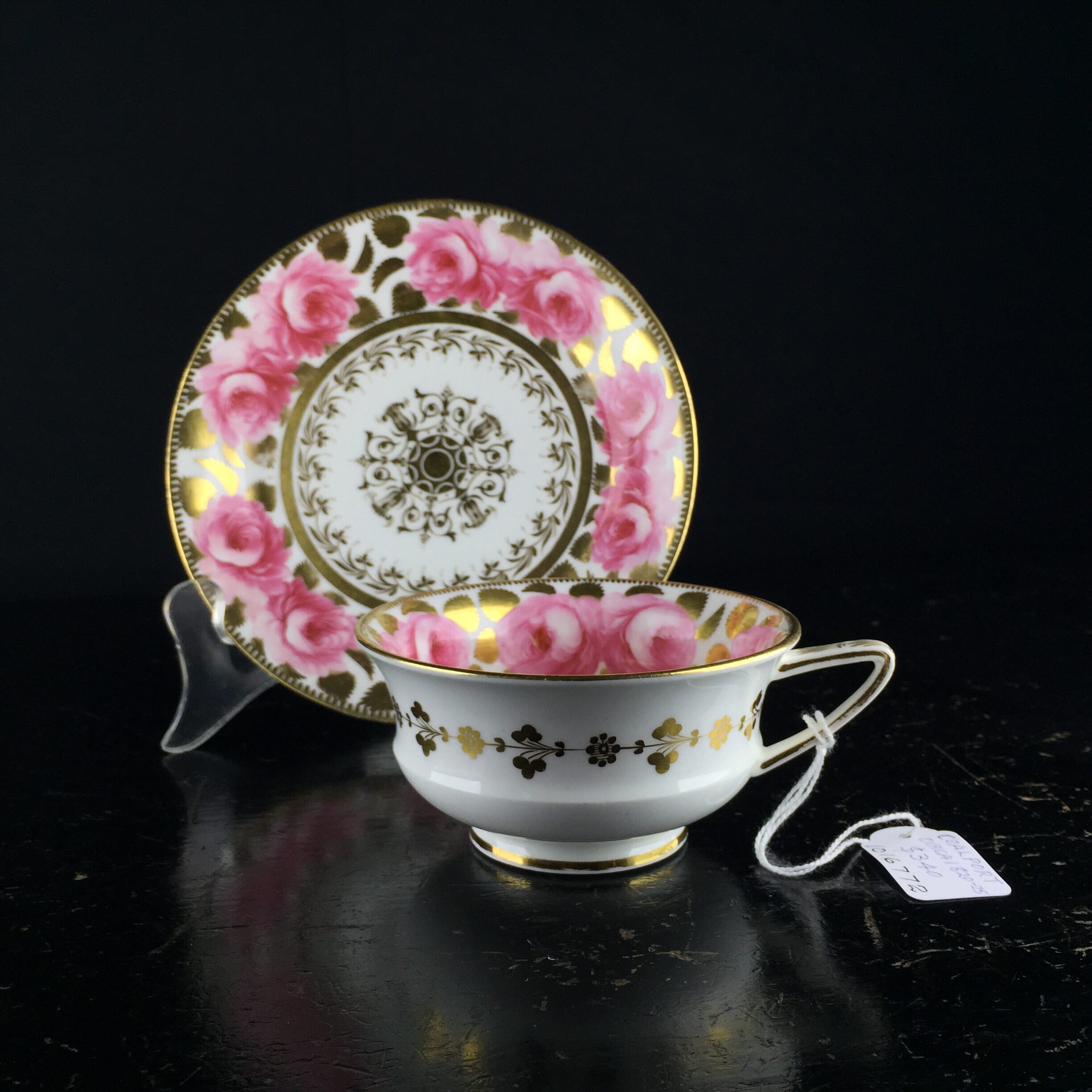 Coalport cup and saucer, roses & gold, c.1820-25.-0