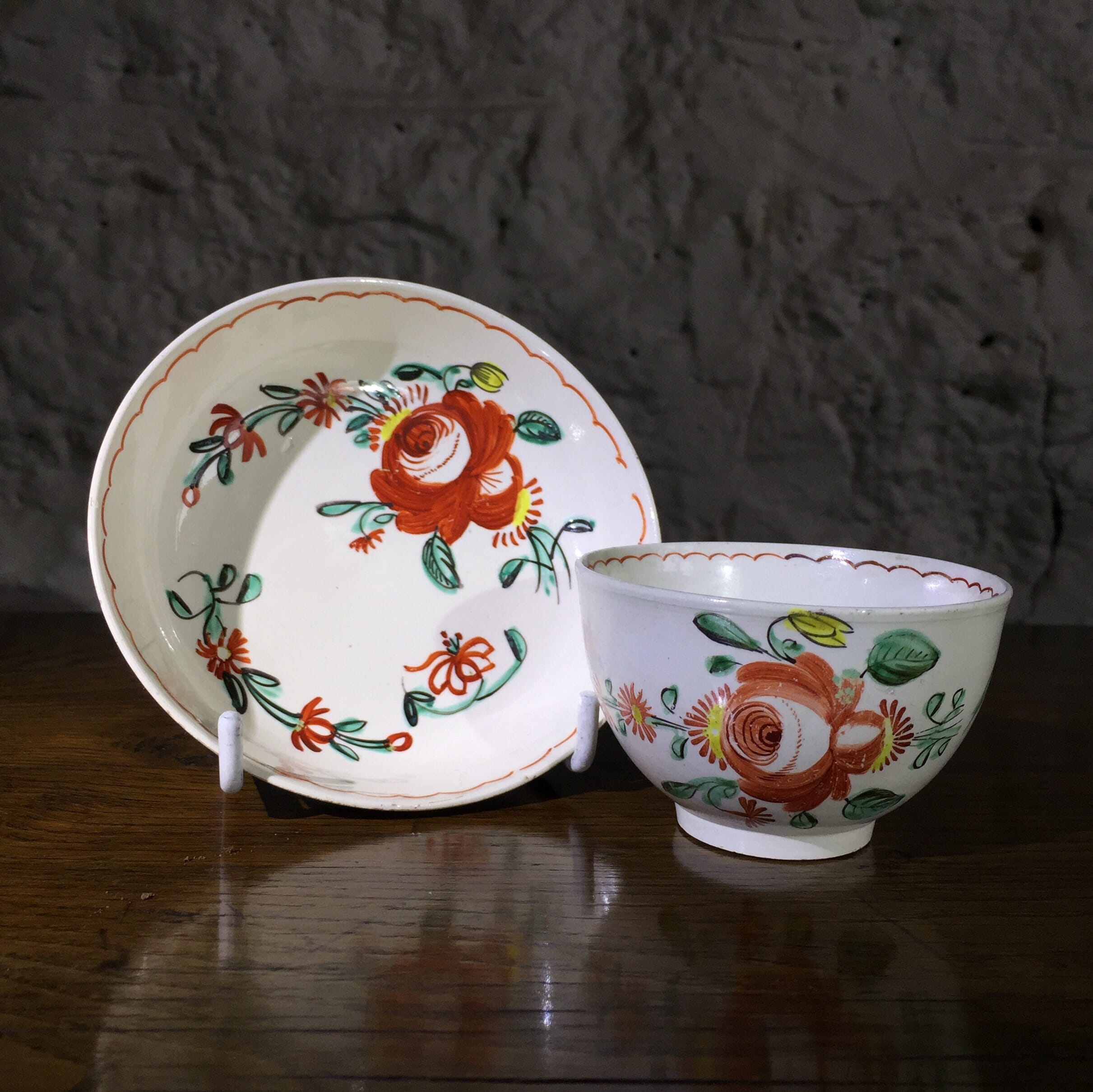 English creamware teabowl & saucer, Rose pattern, c.1765 -0
