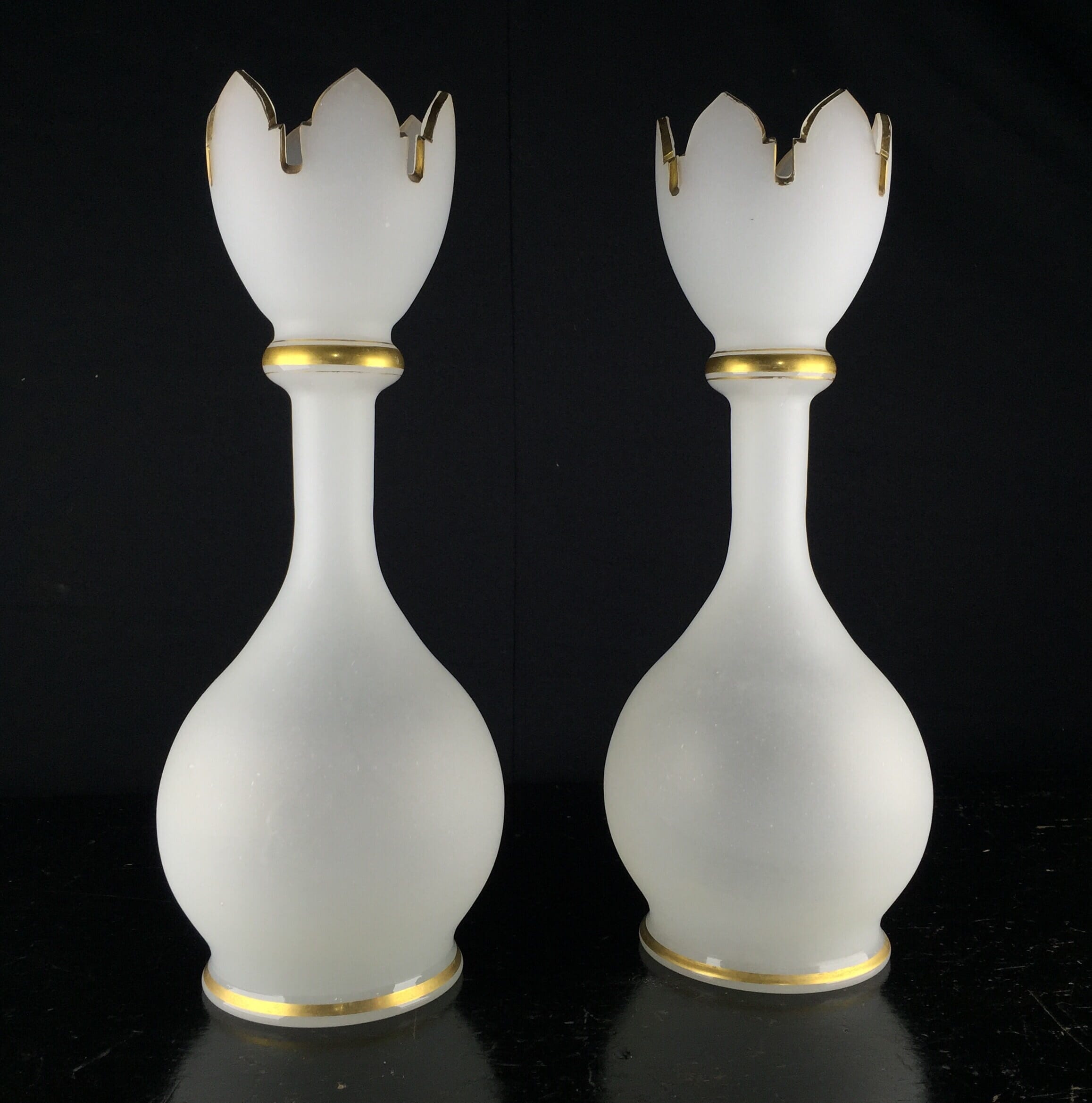Pair of Victorian frosted vases, petal rims, c. 1860 -0