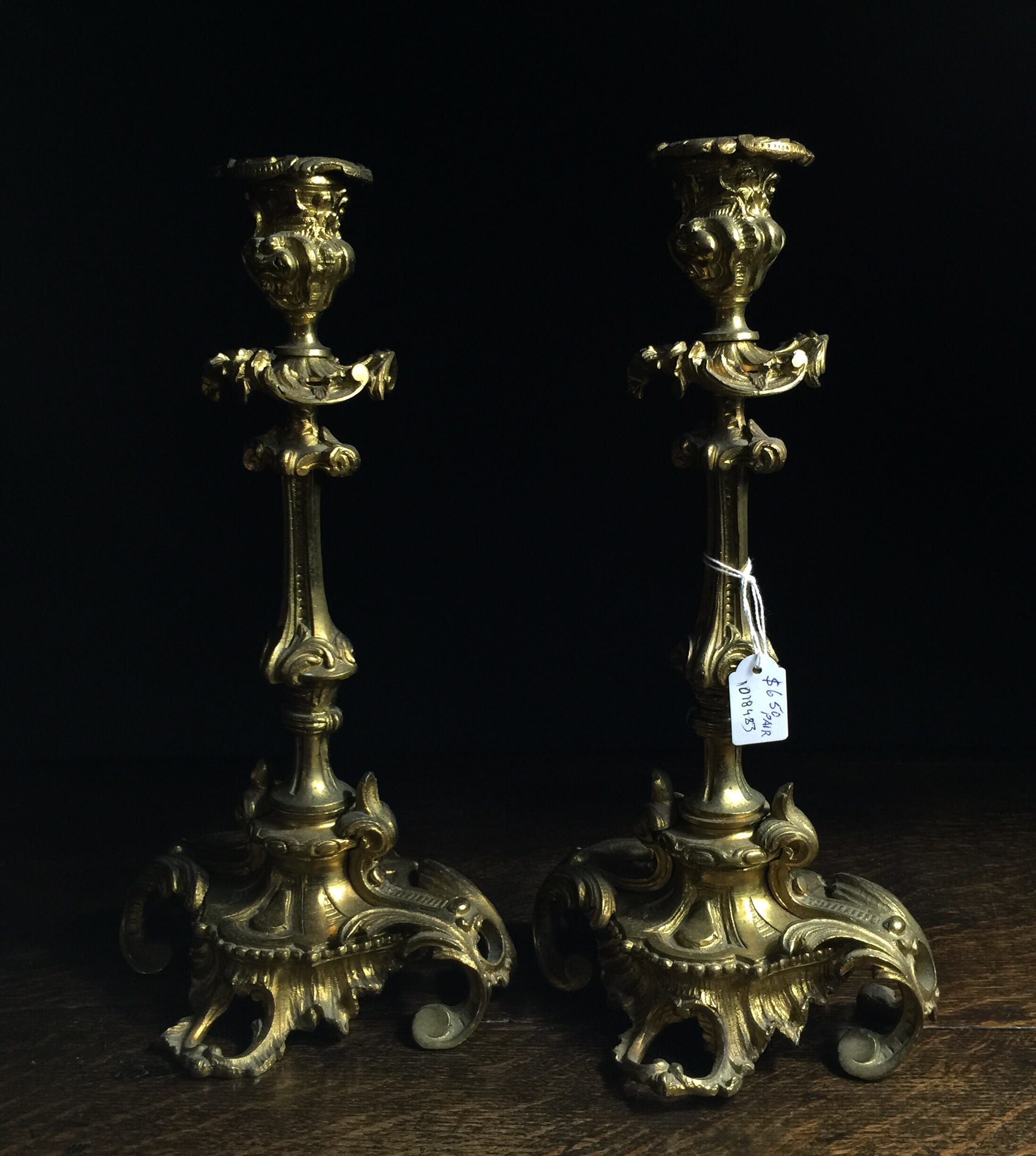 Pair of rococo style ormolu candlesticks, c.1880-0