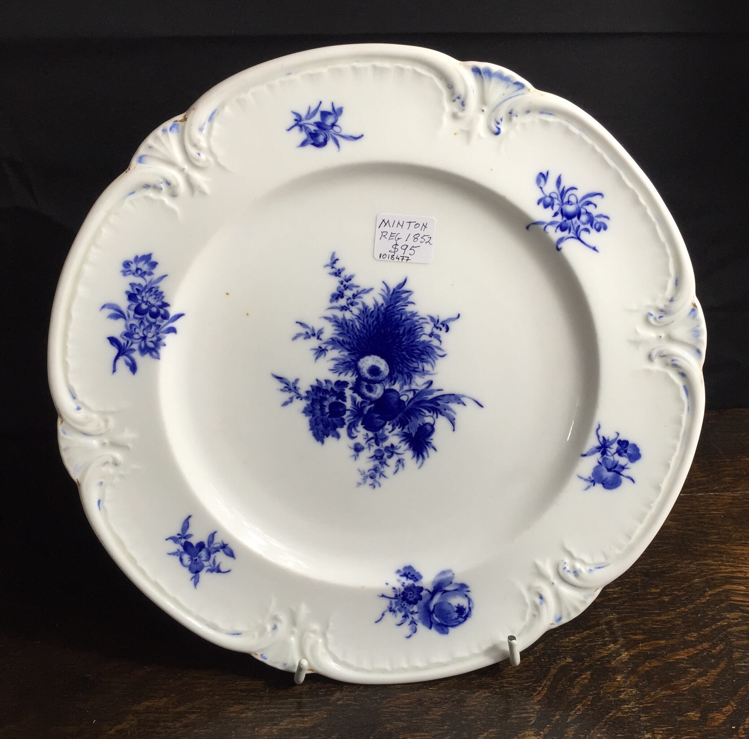 Minton bone china plate with blue flower sprays, registered mark 1852-0