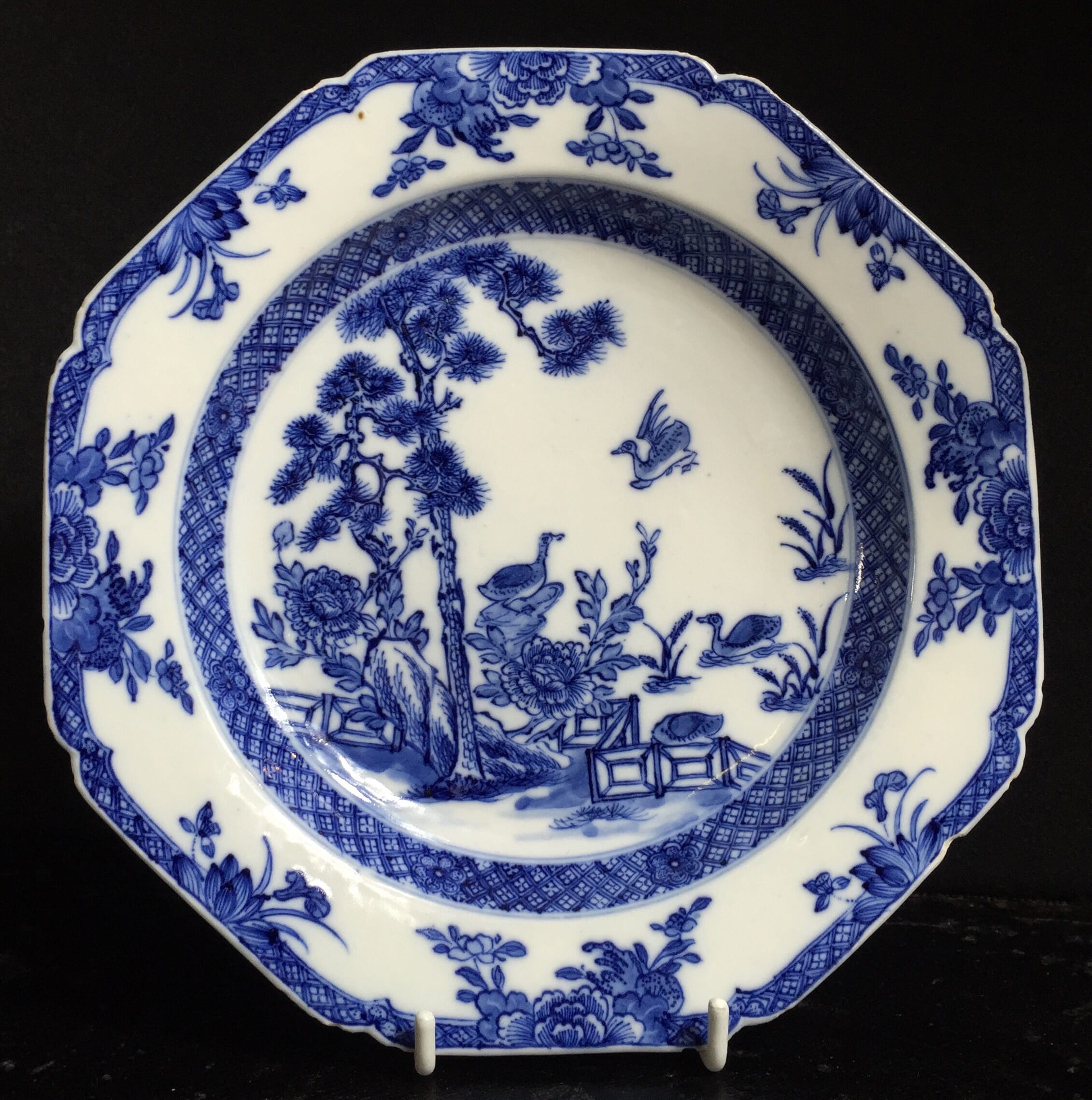 Chinese porcelain plate, blue & white pattern of birds & garden, c. 1750-0