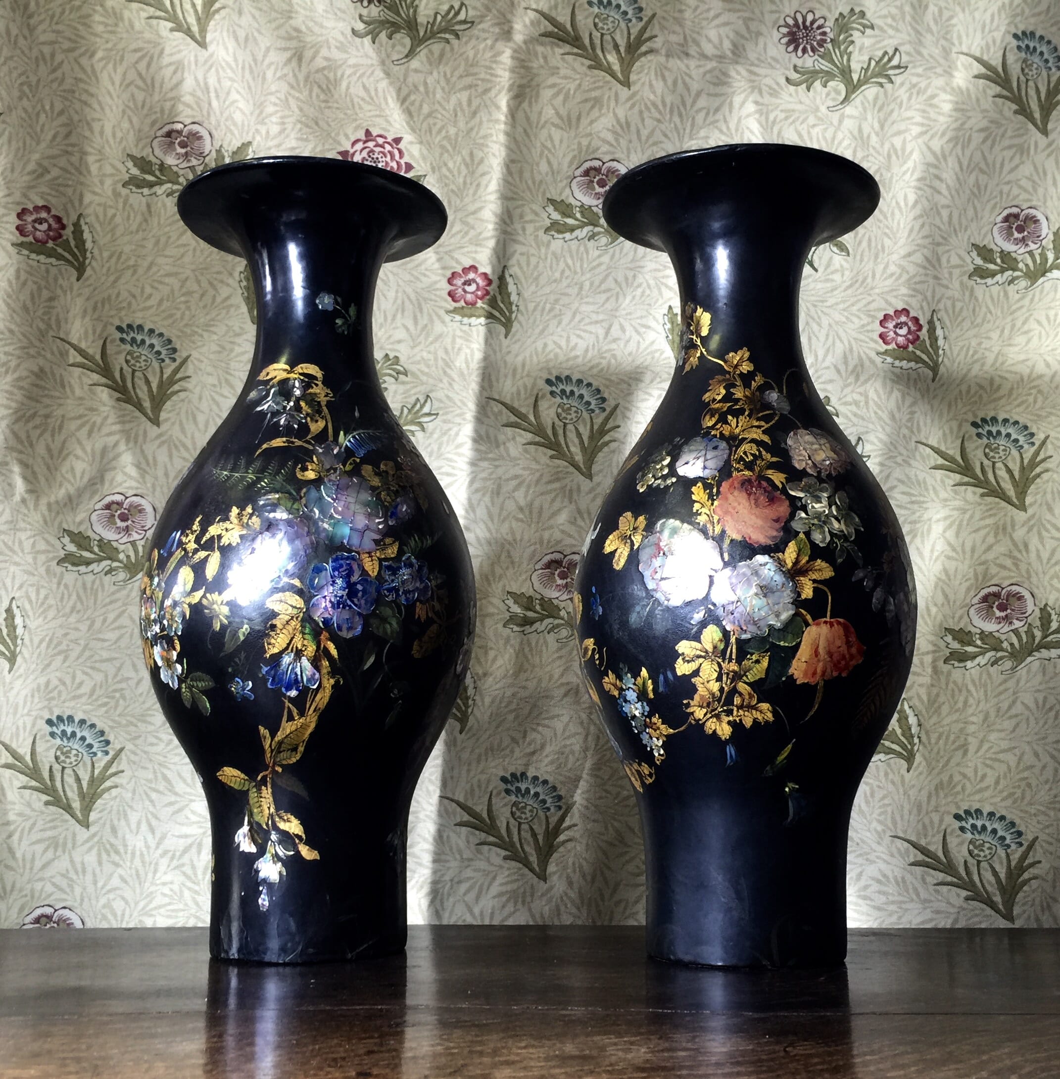 Pair of large paper maché vases, flower painted on black, c.1850-0