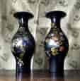 Pair of large paper maché vases, flower painted on black, c.1850-0