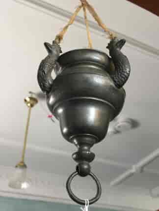 Continental pewter 'eternal flame' lamp with crowned peacock heads, early 19th century-0