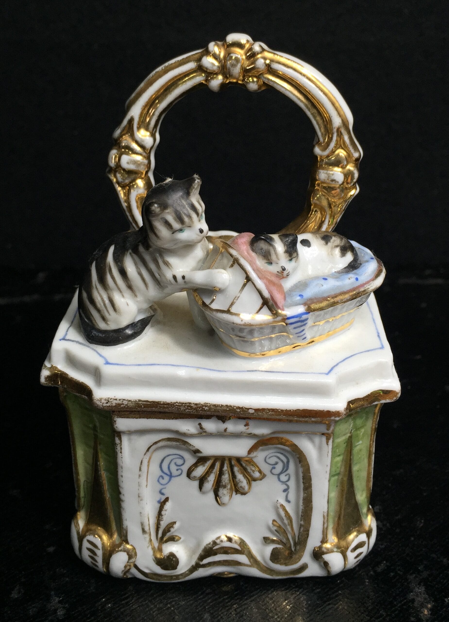 German Fairing pinbox, cats on a dresser, c. 1870-0