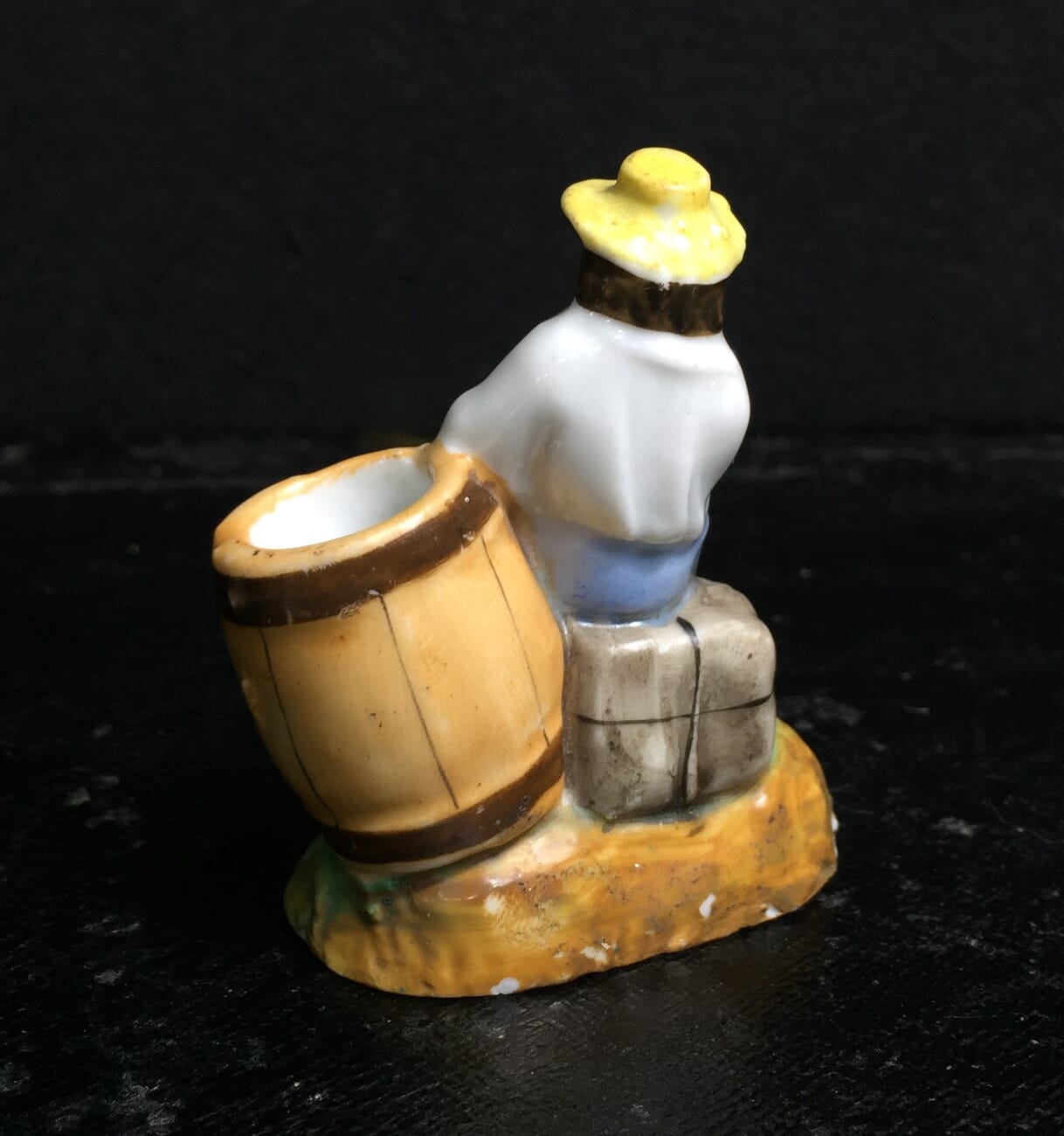 German porcelain match holder, man with barrel & axe, Circa 1880-11505