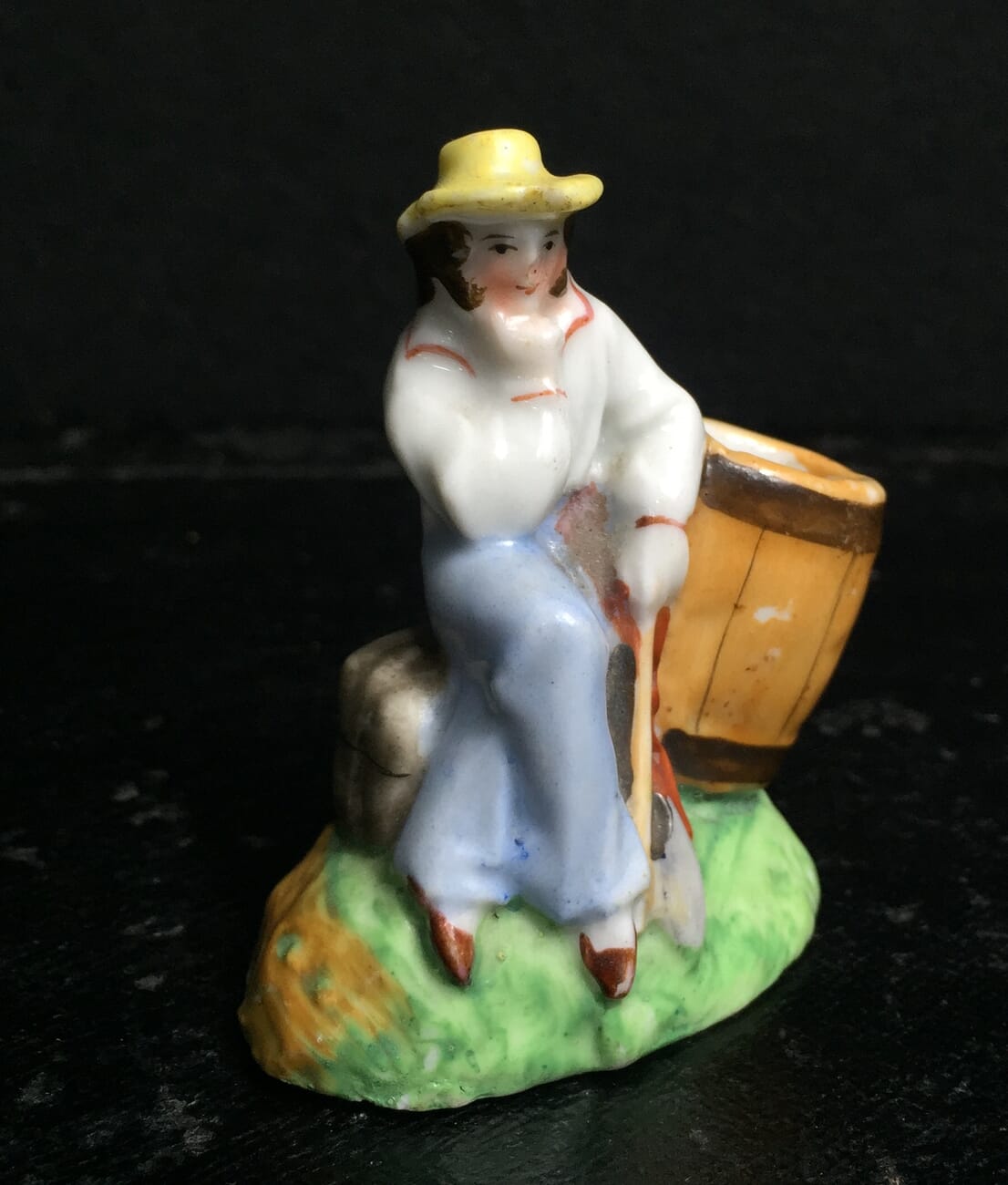 German porcelain match holder, man with barrel & axe, Circa 1880-11509