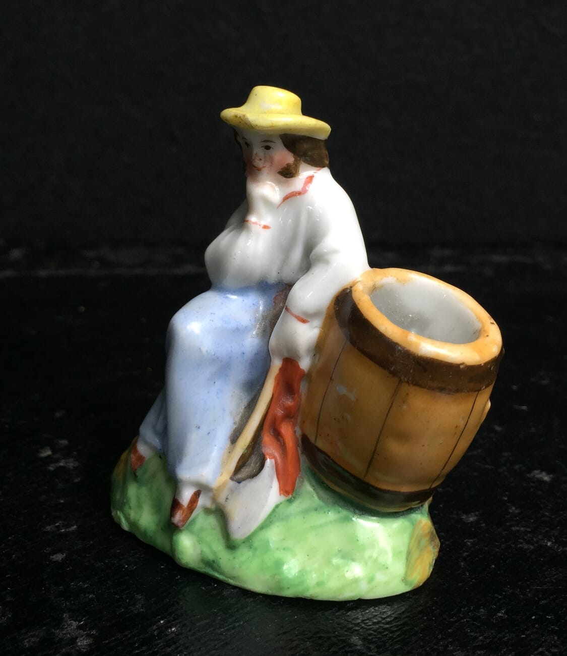 German porcelain match holder, man with barrel & axe, Circa 1880-11510