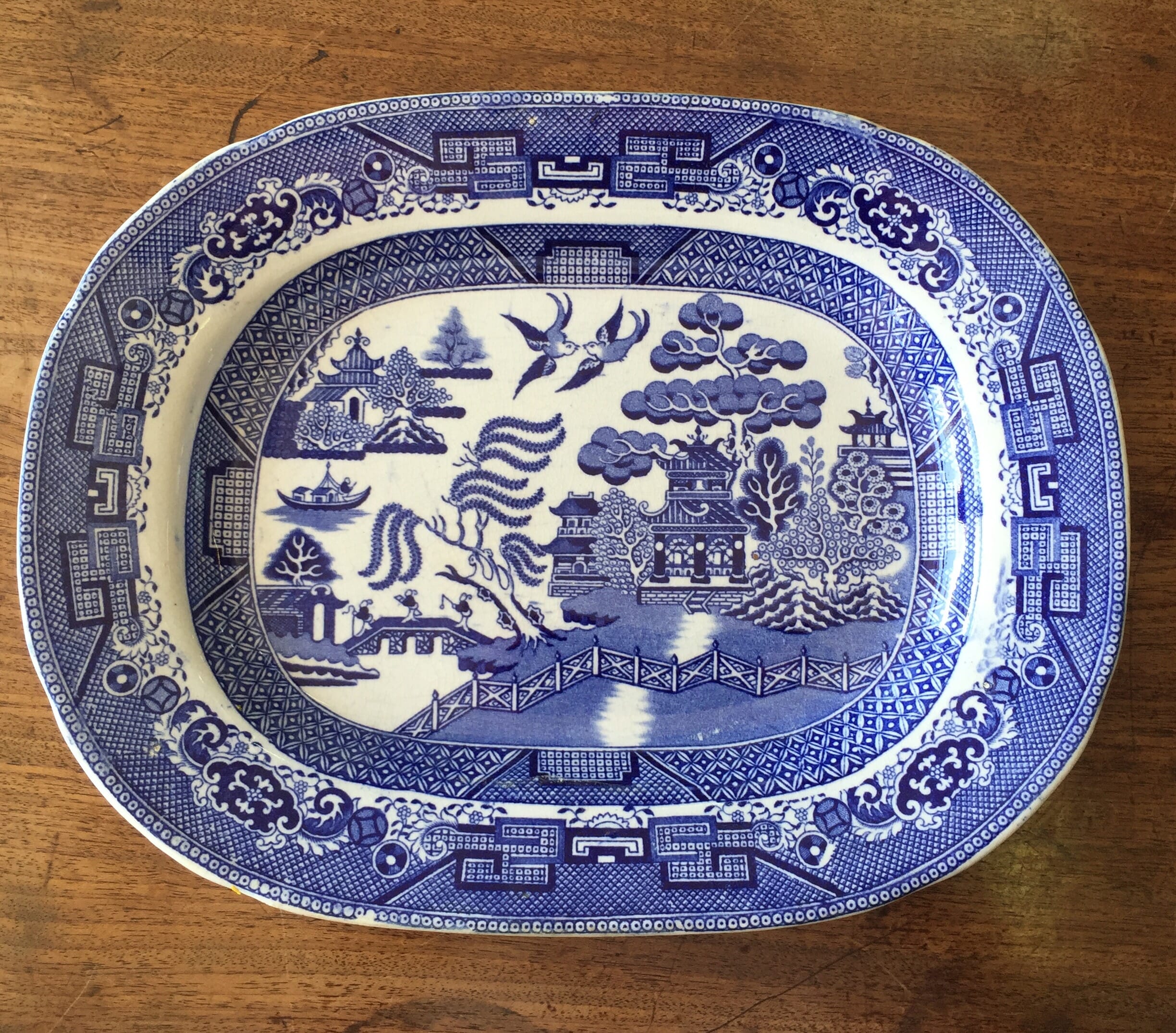 Challinor & Co pottery meat platter, Willow Pattern, c.1853-60 -0