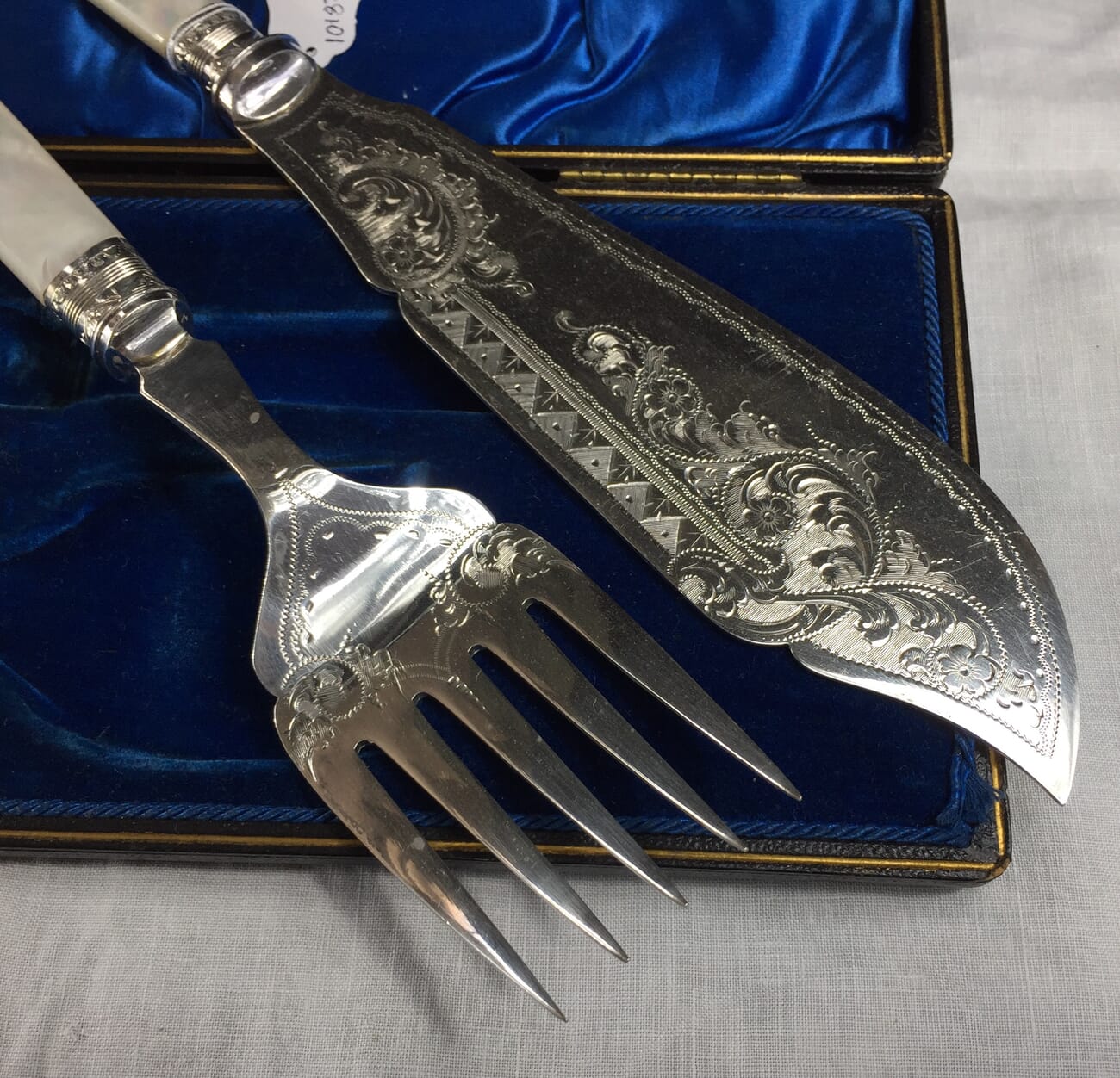 Pair of pearl handled silver plate servers, c. 1880-12085