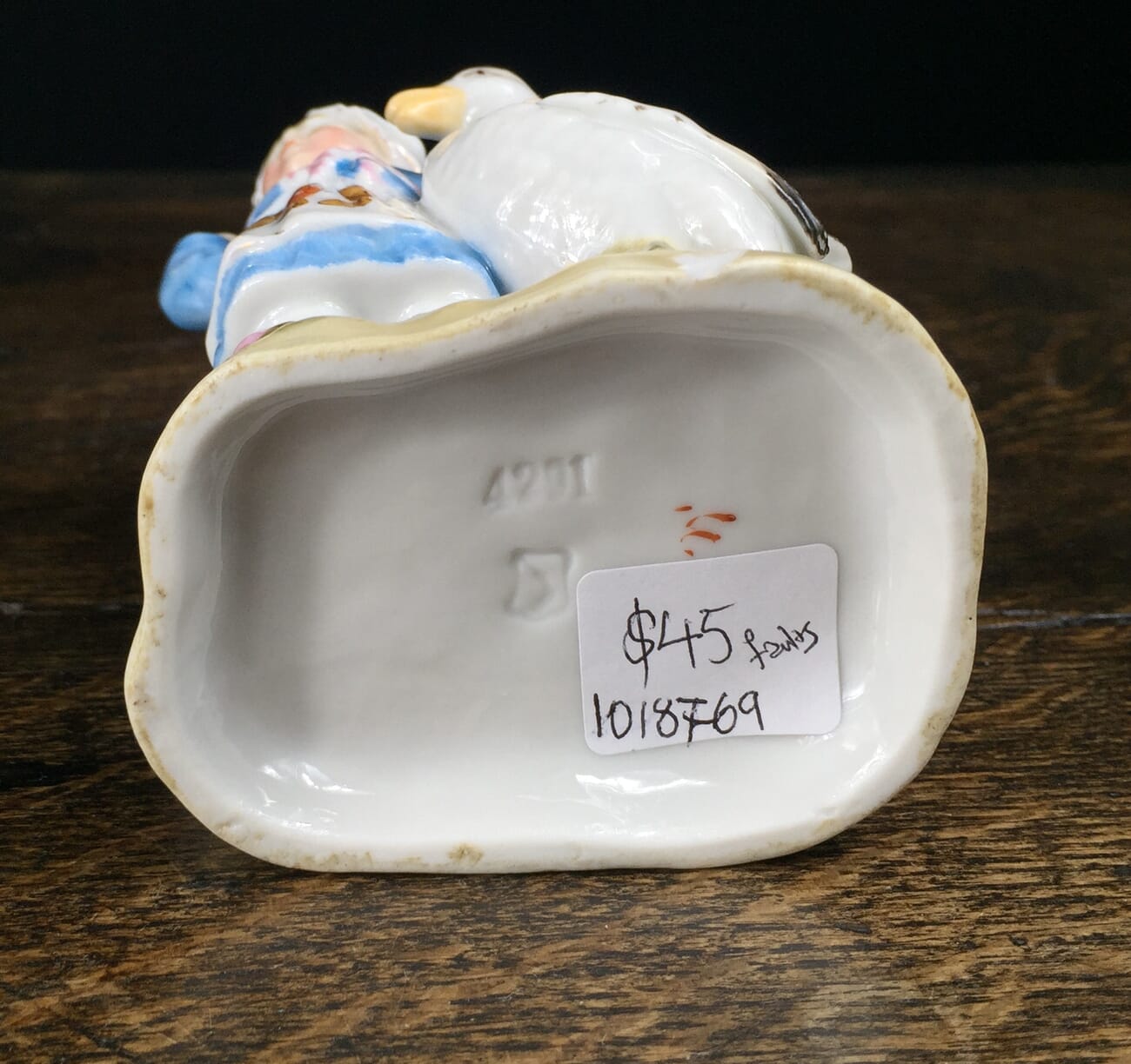German porcelain match holder, girl & goose, c.1890-12378