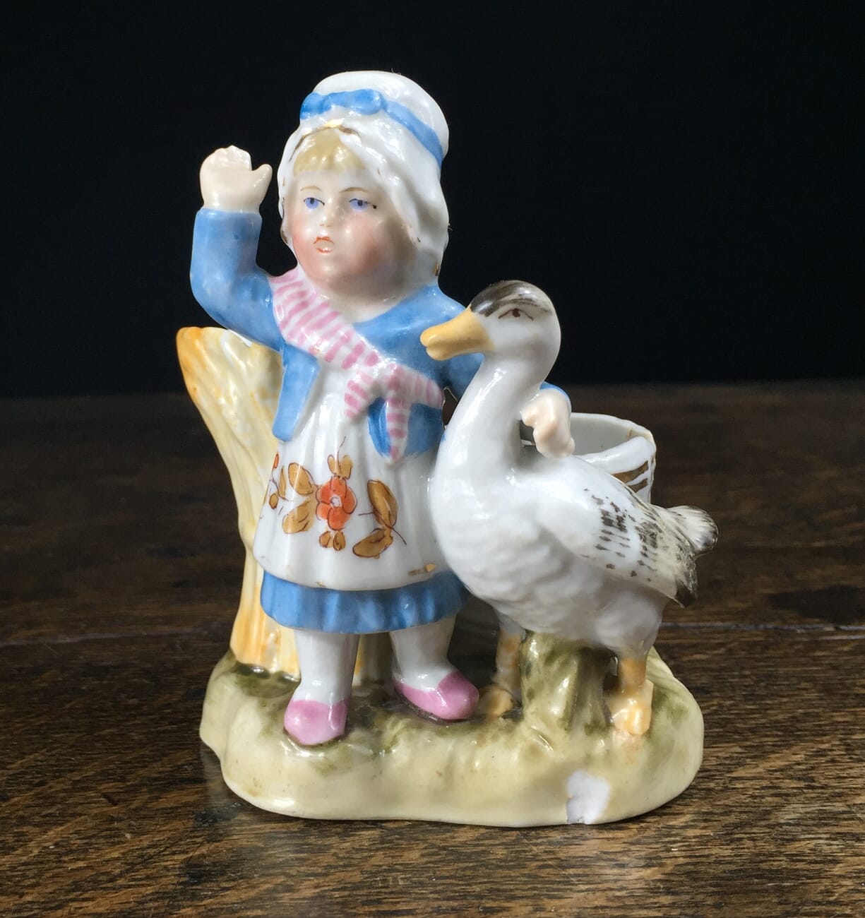 German porcelain match holder, girl & goose, c.1890-12381