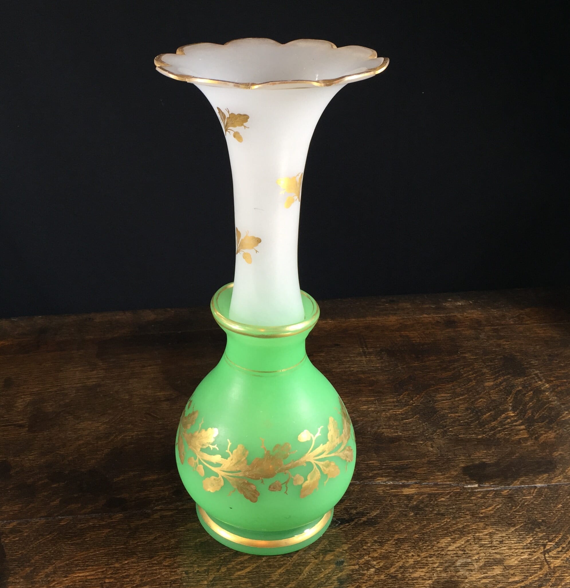 Victorian glass vase, green & white, gilt acorns & oakleaves, c.1870-0