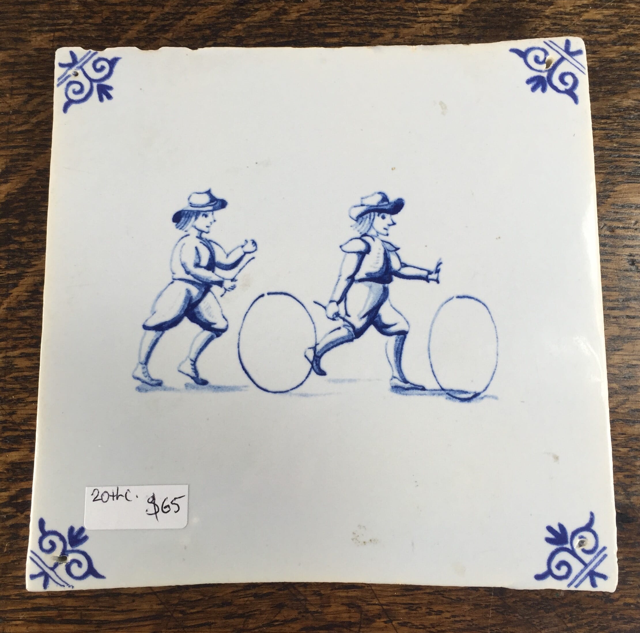 Dutch Delft tile with boys & hoops, 20th century-0
