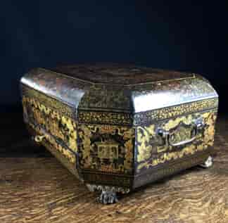 Chinese lacquer sewing box with fittings, writing slope, c. 1830-0