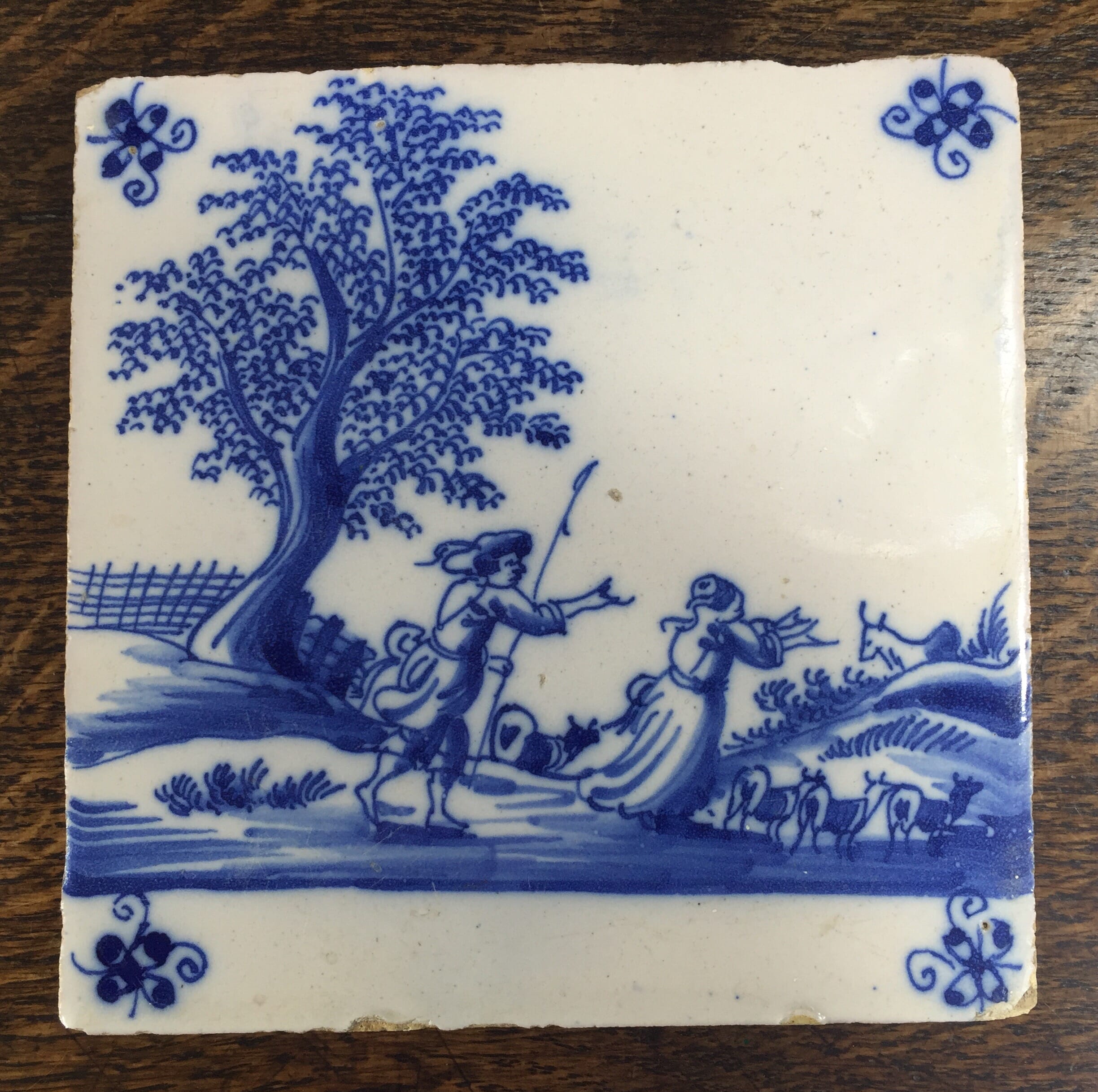 Dutch Delft tile - shepherd & shepherdess, C. 1700 -0