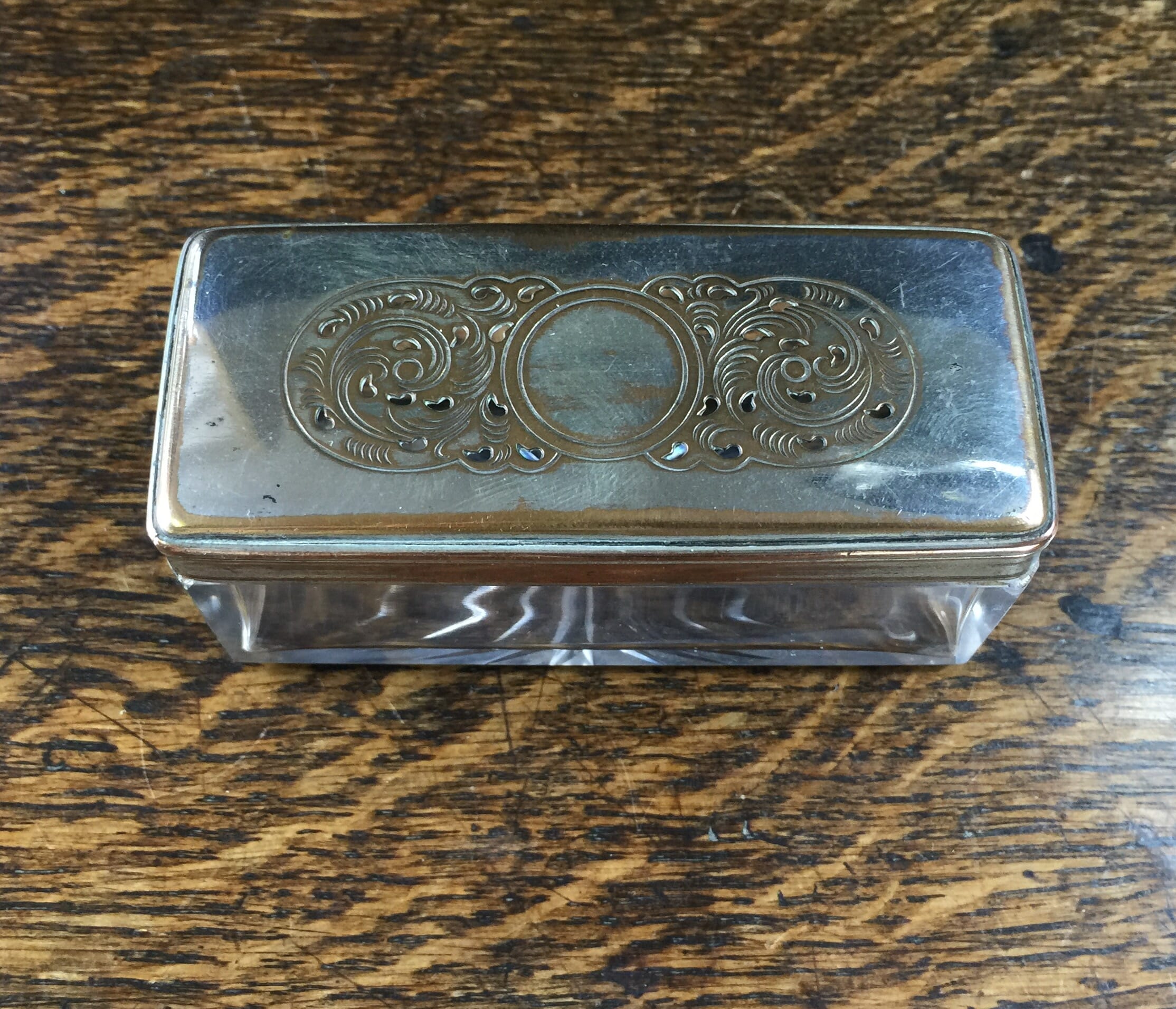 Old Sheffield Plate rectangular dressing table box with pierced lid, c.1825-0