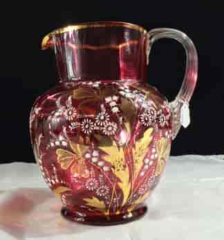Victorian ruby glass jug, enamelled flowers, Moser? circa 1890-0