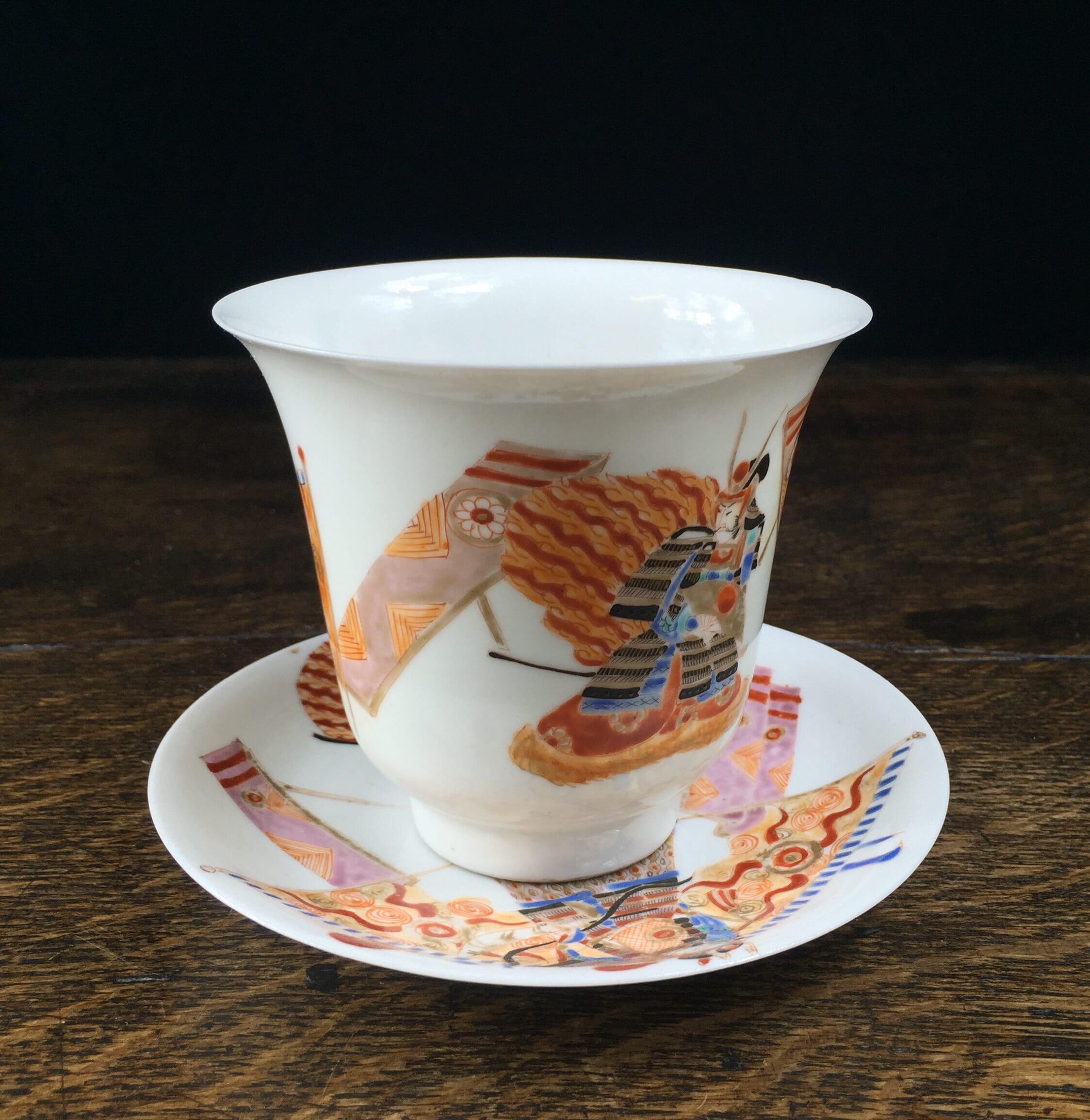 Japanese fine porcelain beaker & saucer with Samurai, c. 1900 -0