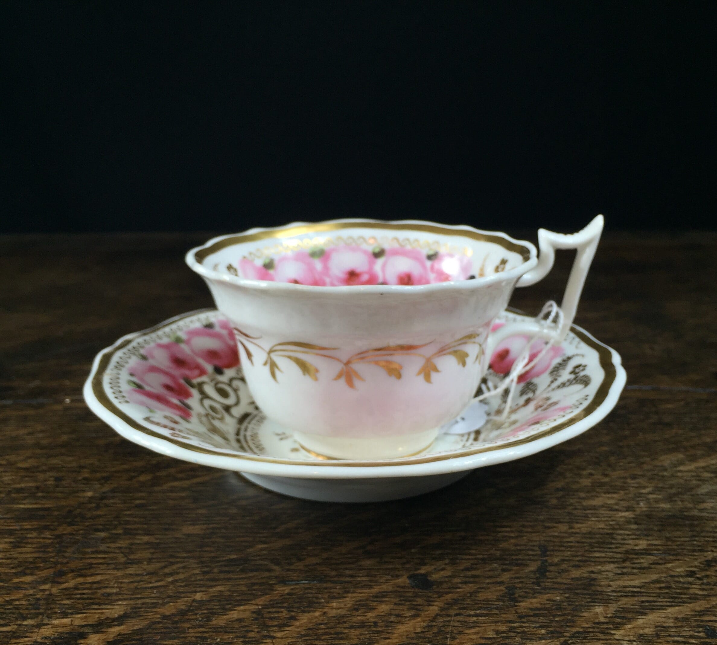 New Hall cup & saucer with pink roses, c. 1830-0