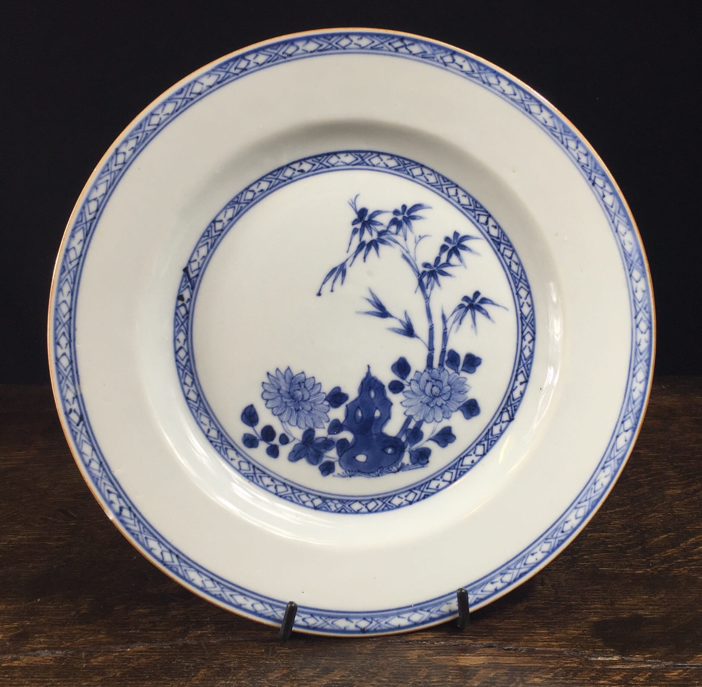 Chinese Export blue & white plate, bamboo & peony, c. 1750-0