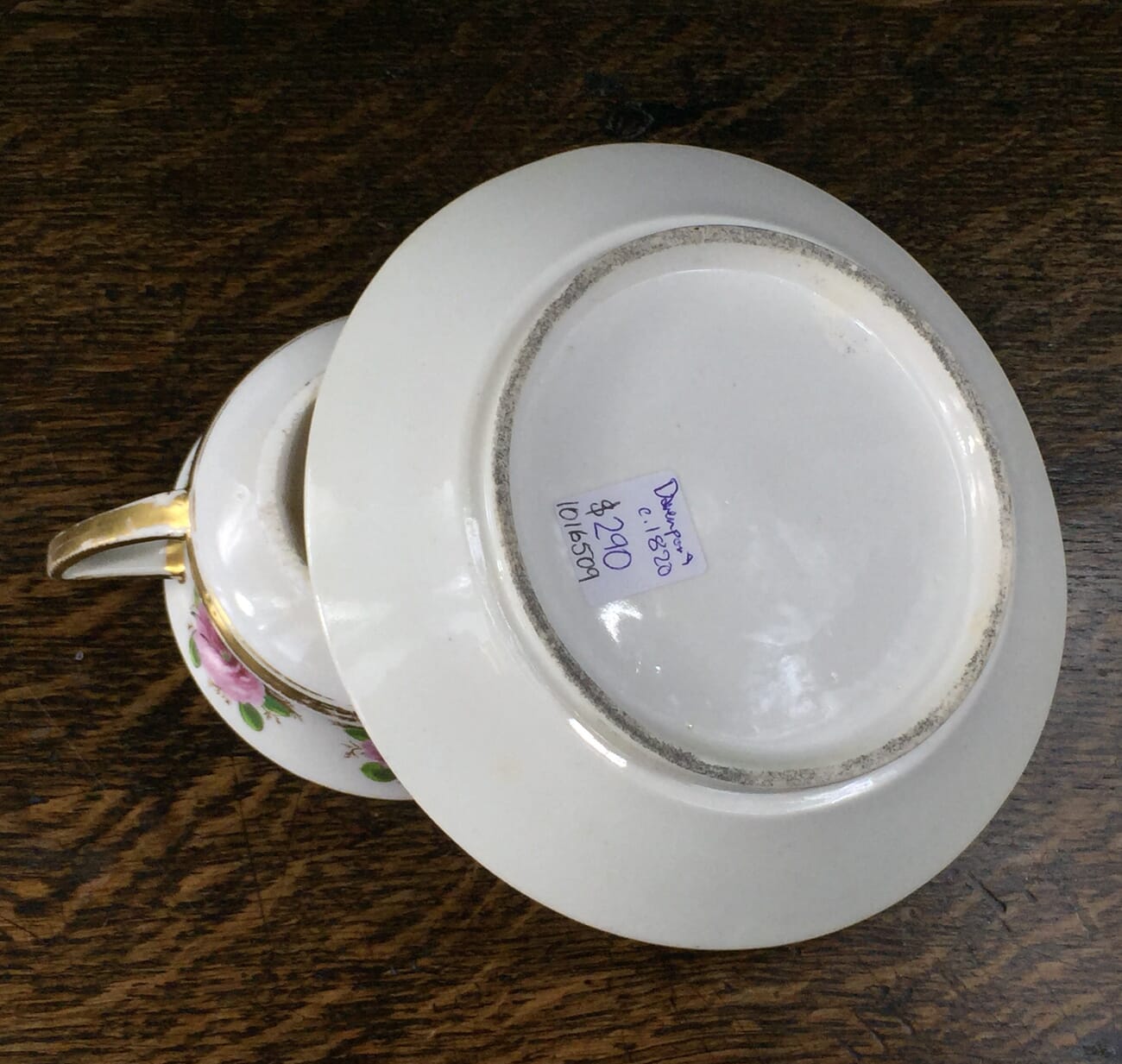 Davenport Etruscan shape cup & saucer, rose pattern, c.1820-12833