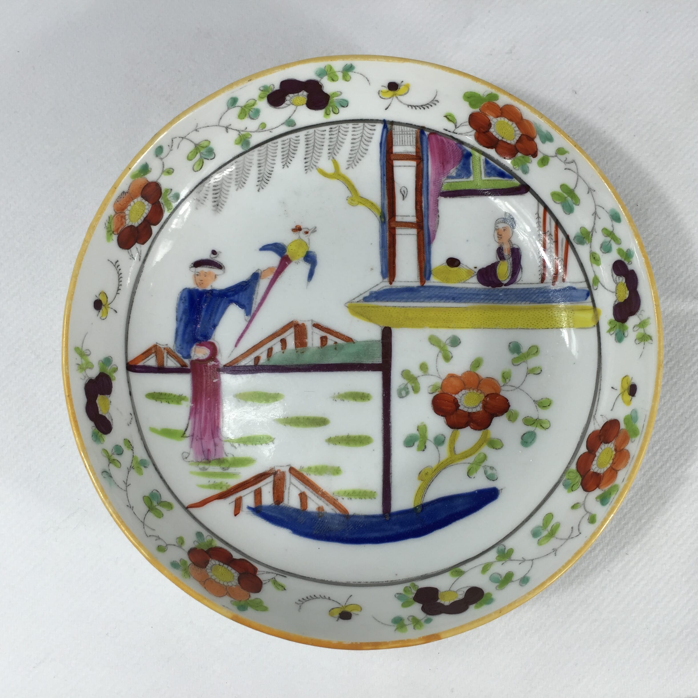 Newhall saucer, Chinoiserie clobbered pattern 1040, c. 1805-0