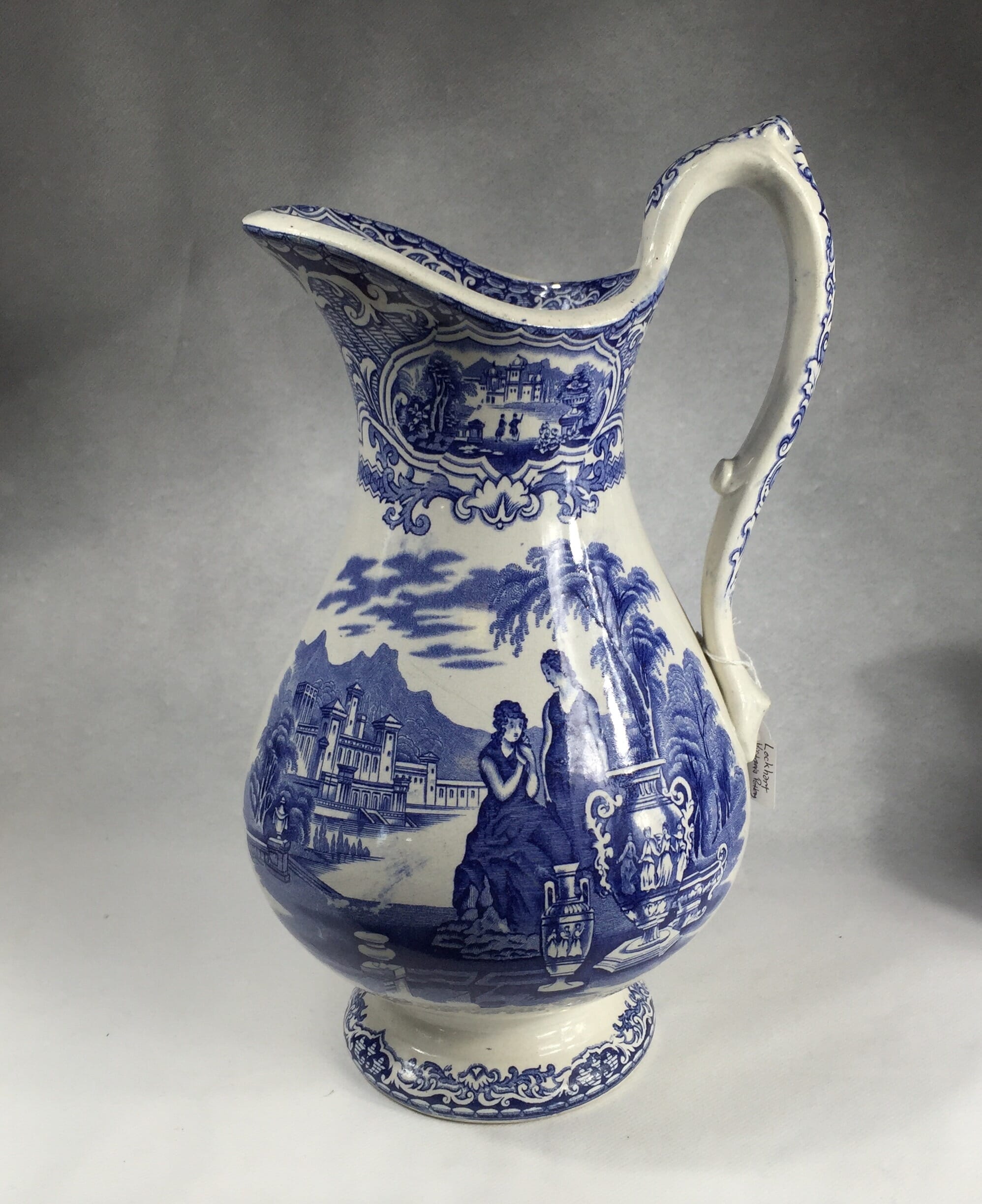 large blue & white jug, Etruscan pattern, Lockhart c.1860-0