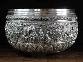Burmese silver bowl, figural scenes, mid 19th century-0