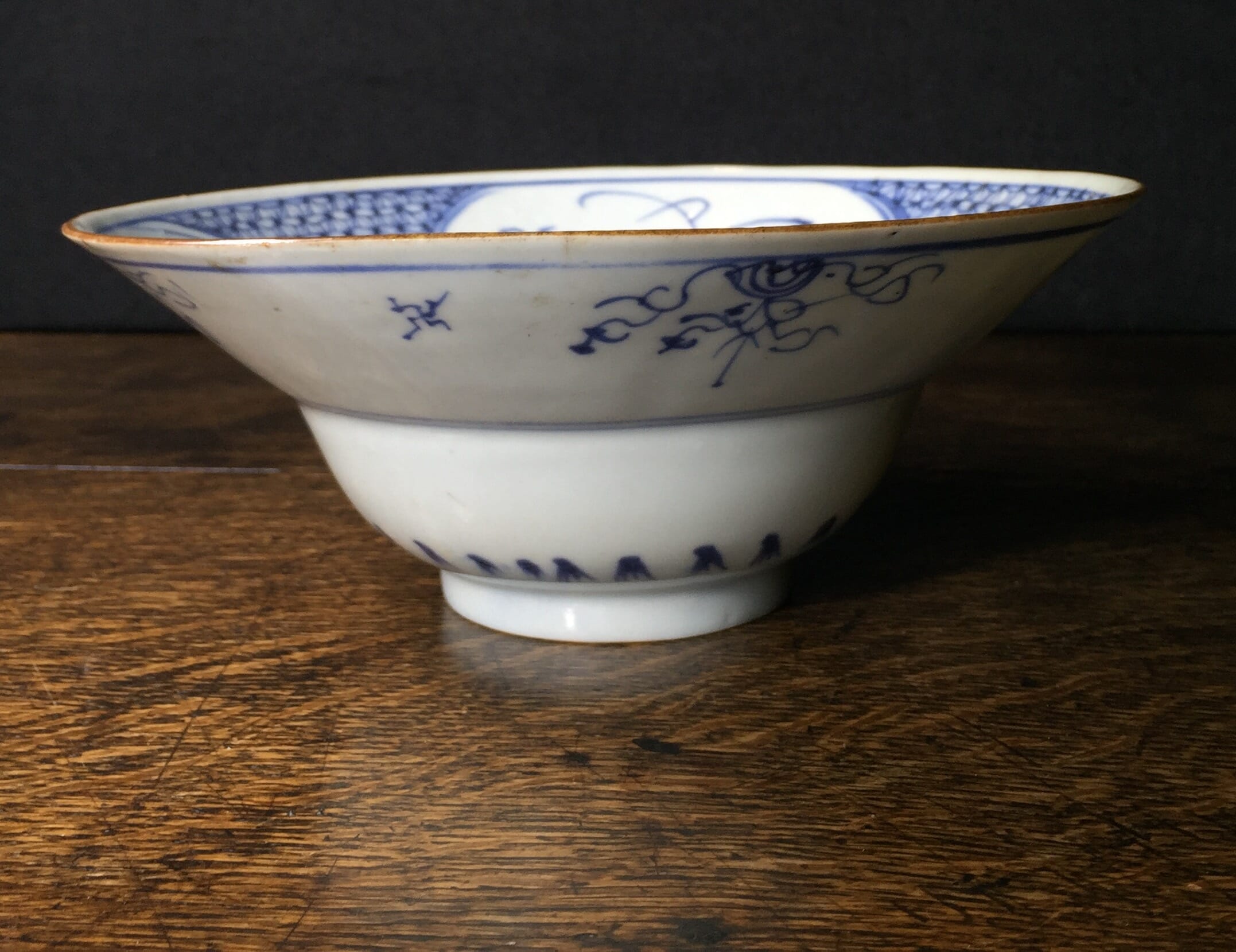 Chinese porcelain bowl, underglaze blue flower panels, 18th century-0