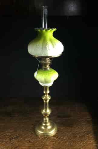 Victorian yellow glass kero lamp, brass candlestick fitting, c.1880 -0