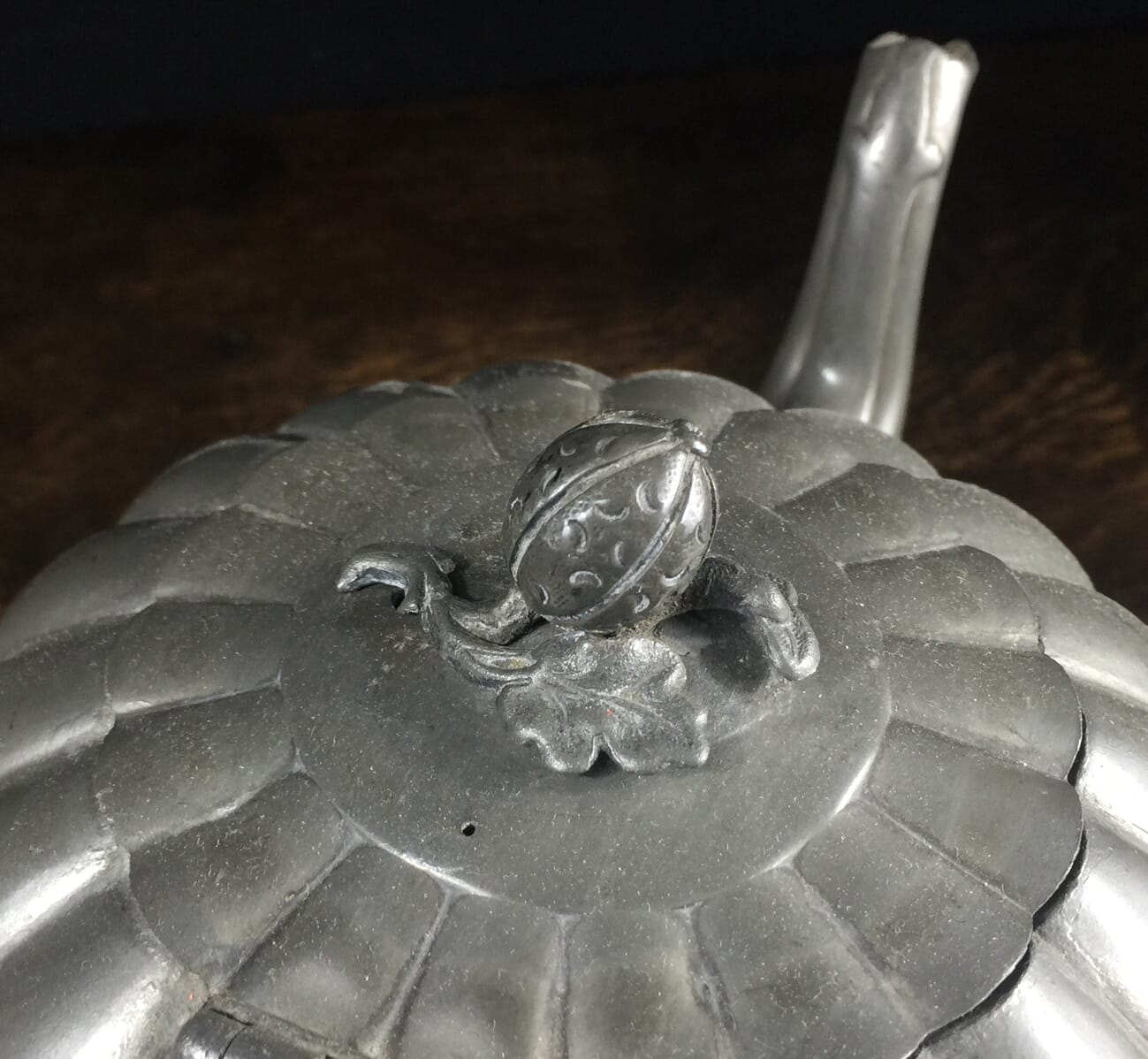 Victorian pewter teapot, melon shape, circa 1855-13841
