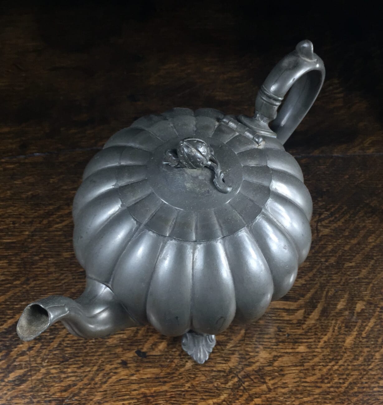 Victorian pewter teapot, melon shape, circa 1855-13842