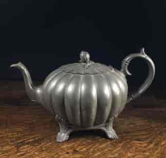 Victorian pewter teapot, melon shape, circa 1855-0
