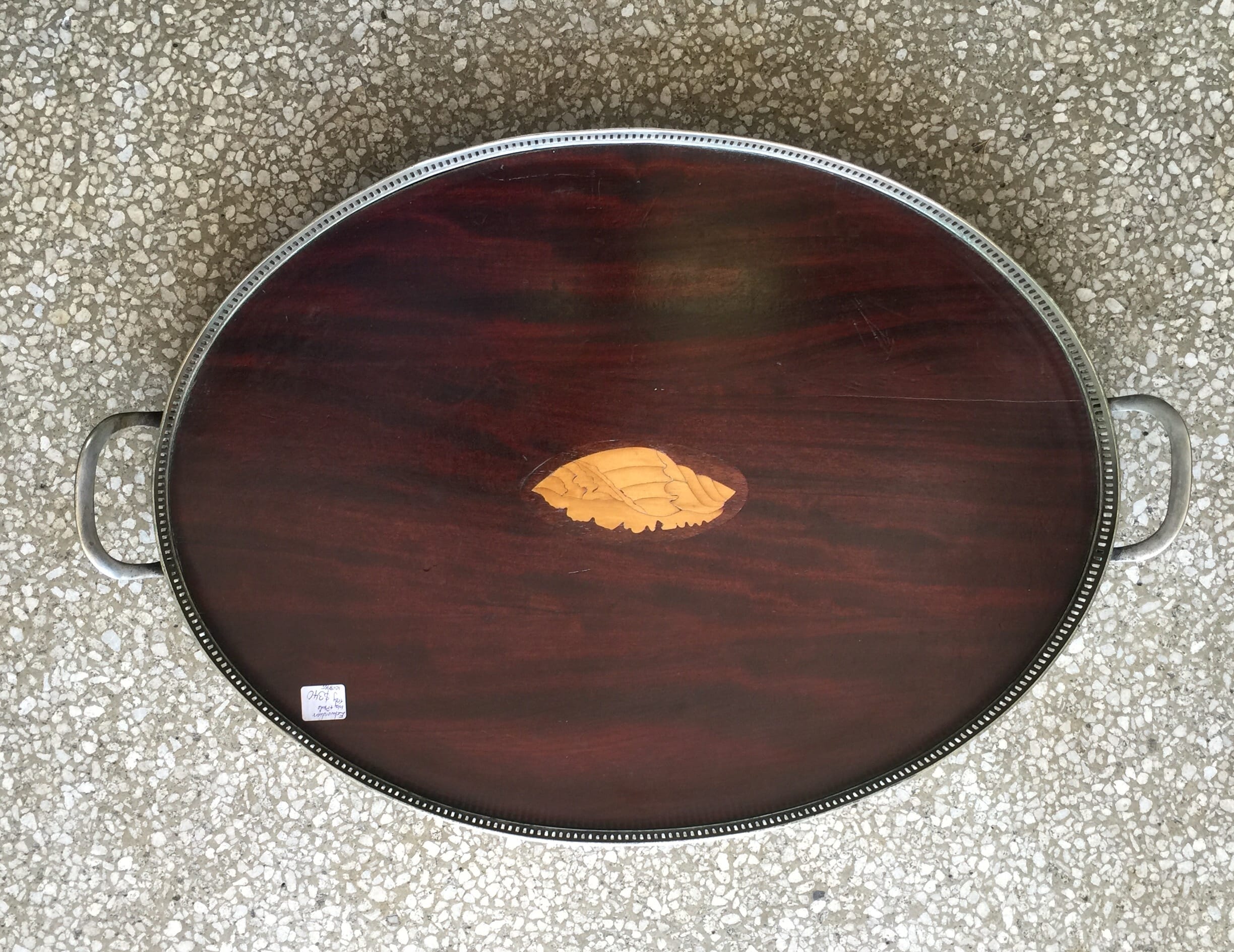 Sheraton oval tray, inlaid shell motif & plated gallery, c. 1900-0