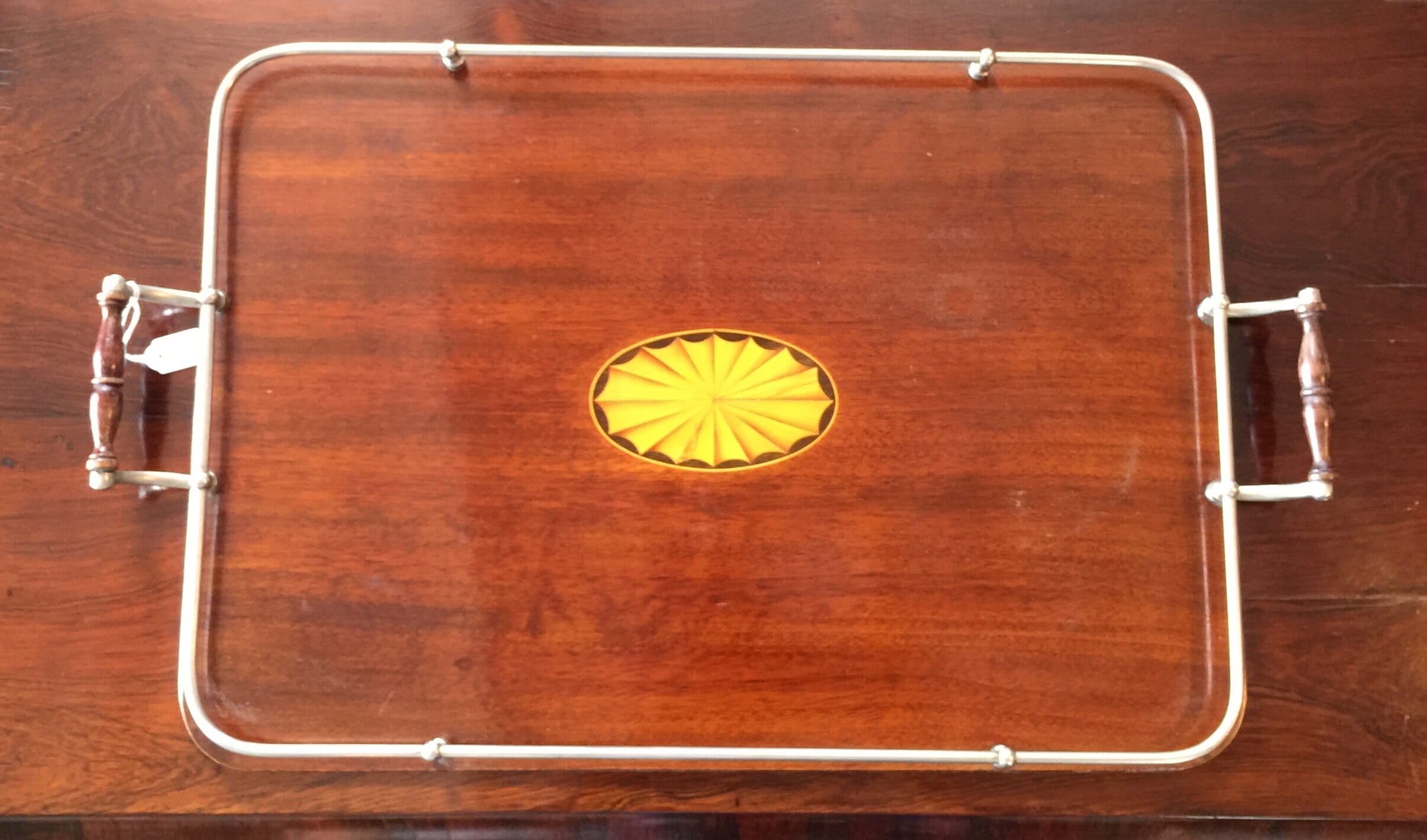 Sheraton rectangular tray, inlayed fan motif & plated gallery, c. 1900-0