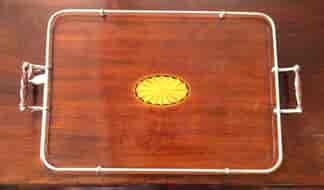 Sheraton rectangular tray, inlayed fan motif & plated gallery, c. 1900-0