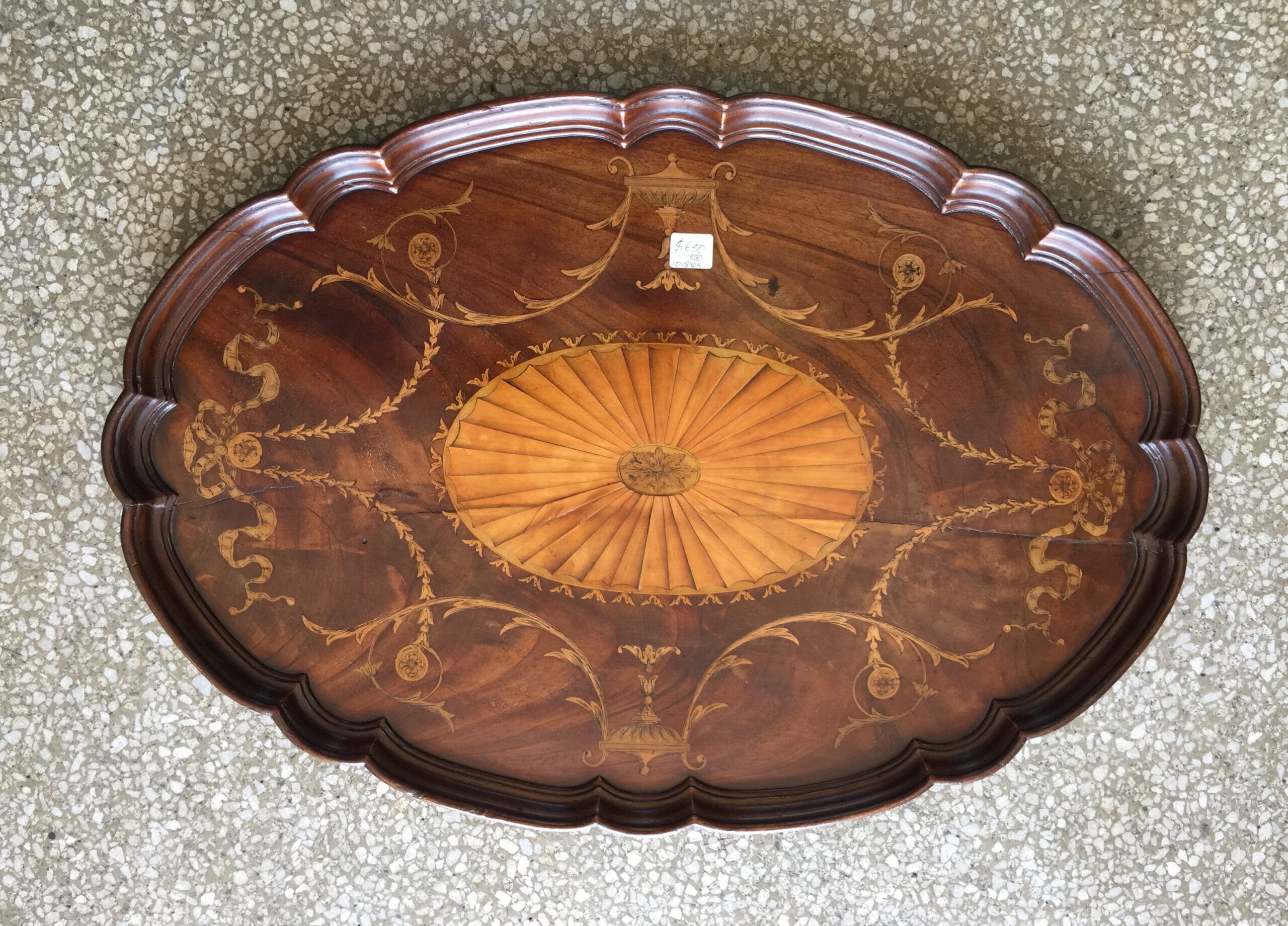 Sheraton revival mahogany tray, inlaid classical motifs, c. 1900-0