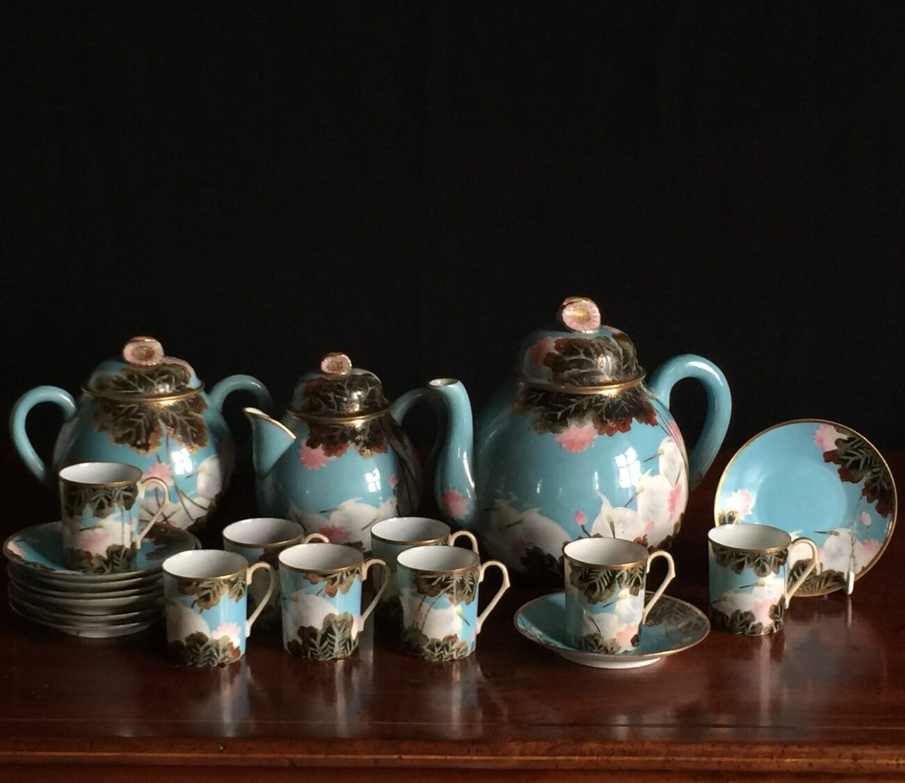 Japanese eggshell tea service, nesting egrets, early 20th century-0
