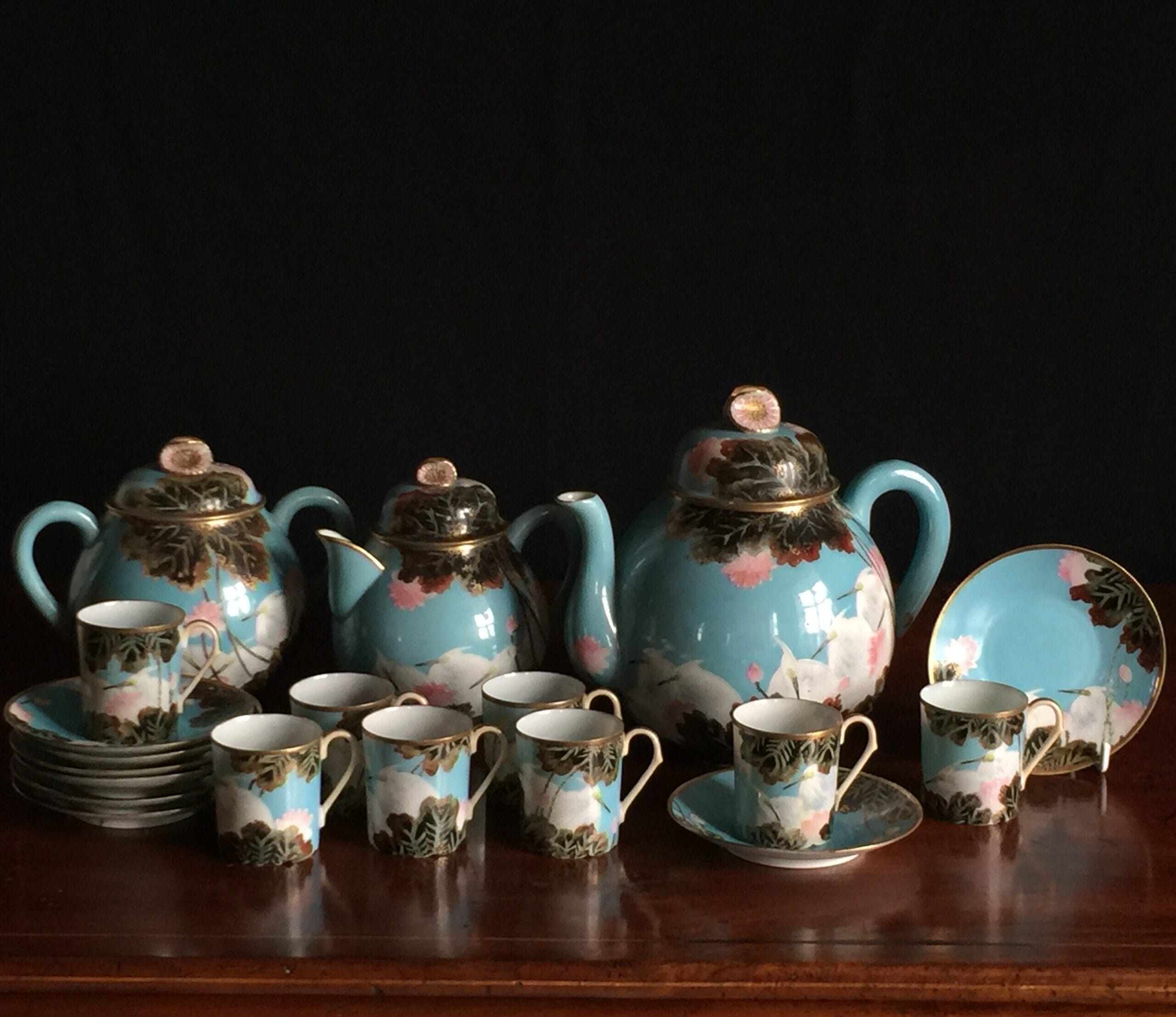 Japanese eggshell tea service, nesting egrets, early 20th century-0