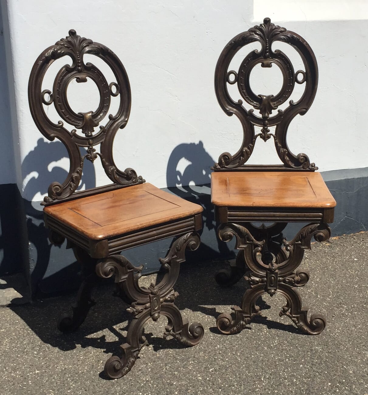 Pair Cast Hall Seats, cedar seats, Melbourne made?  c.1875. -0