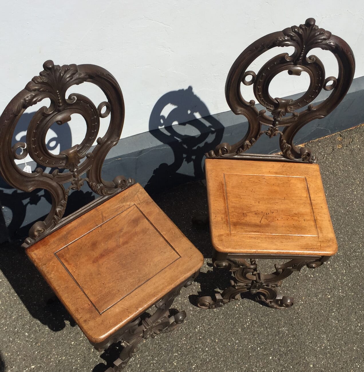 Pair Cast Hall Seats, cedar seats, Melbourne made?  c.1875. -14128