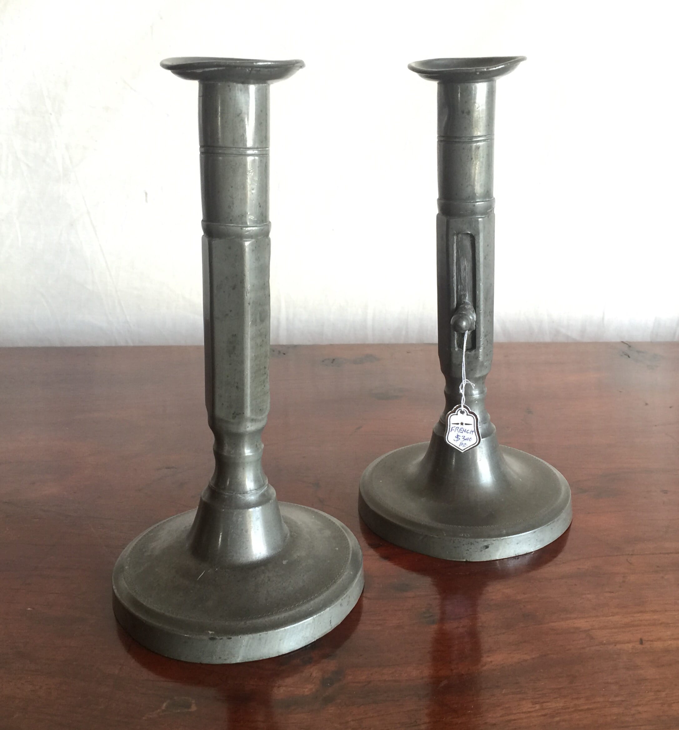 Pair of adjustable pewter candlesticks 19th C-0