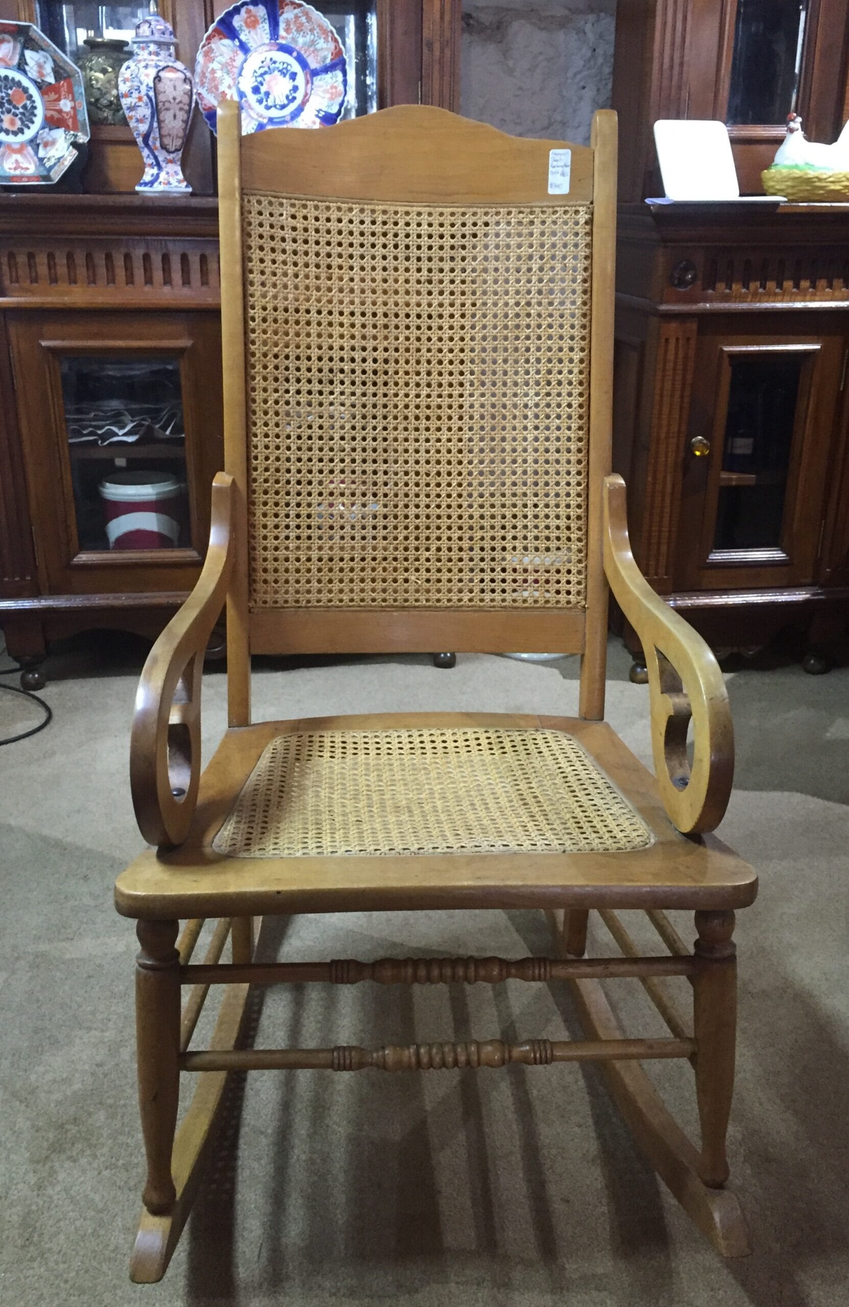 American beech rocking chair with caned seat and back. c.1865-0