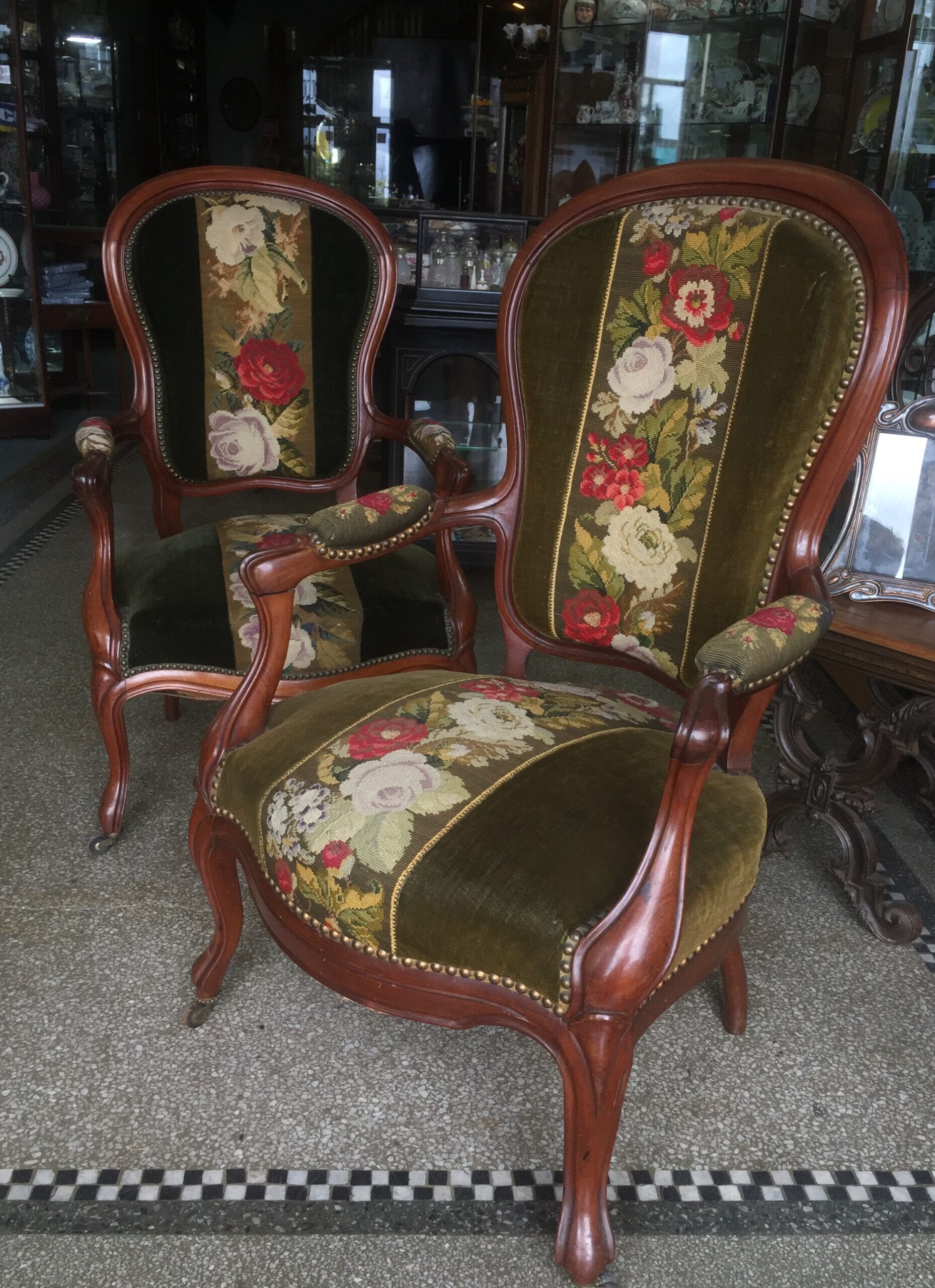 Pair of Victorian arm chairs upholstered in flower embroidery. c 1875 -0