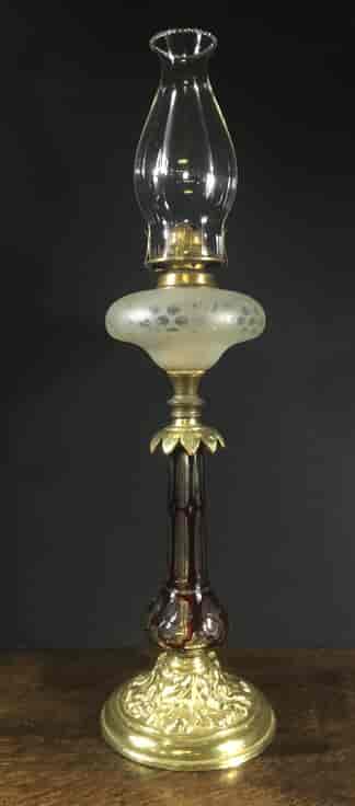 Victorian ruby glass overlay kerosene lamp on brass base. c.1870-0