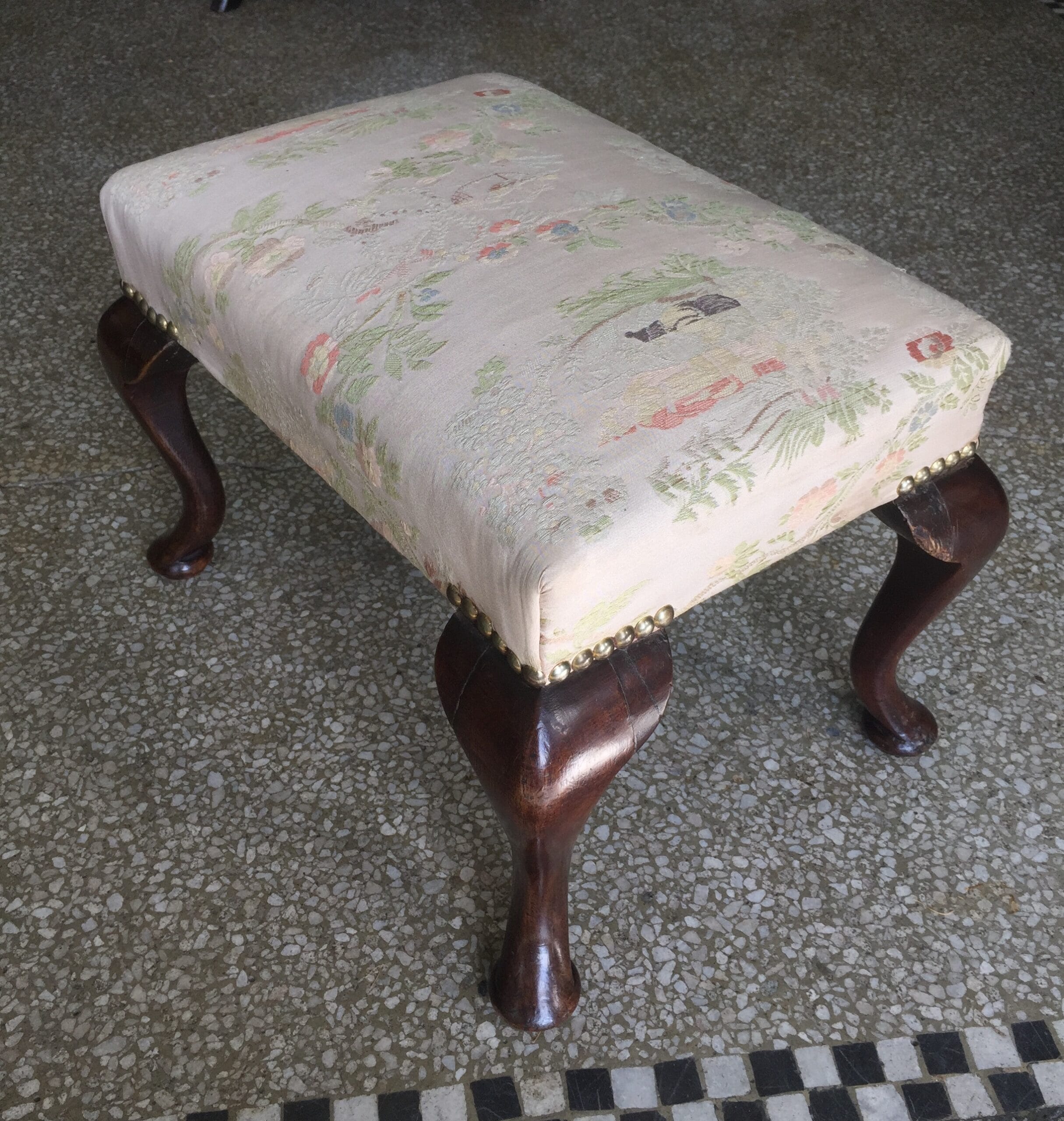 Small Georgian mahogany stool on Queen Anne shaped legs. c. 1740-0