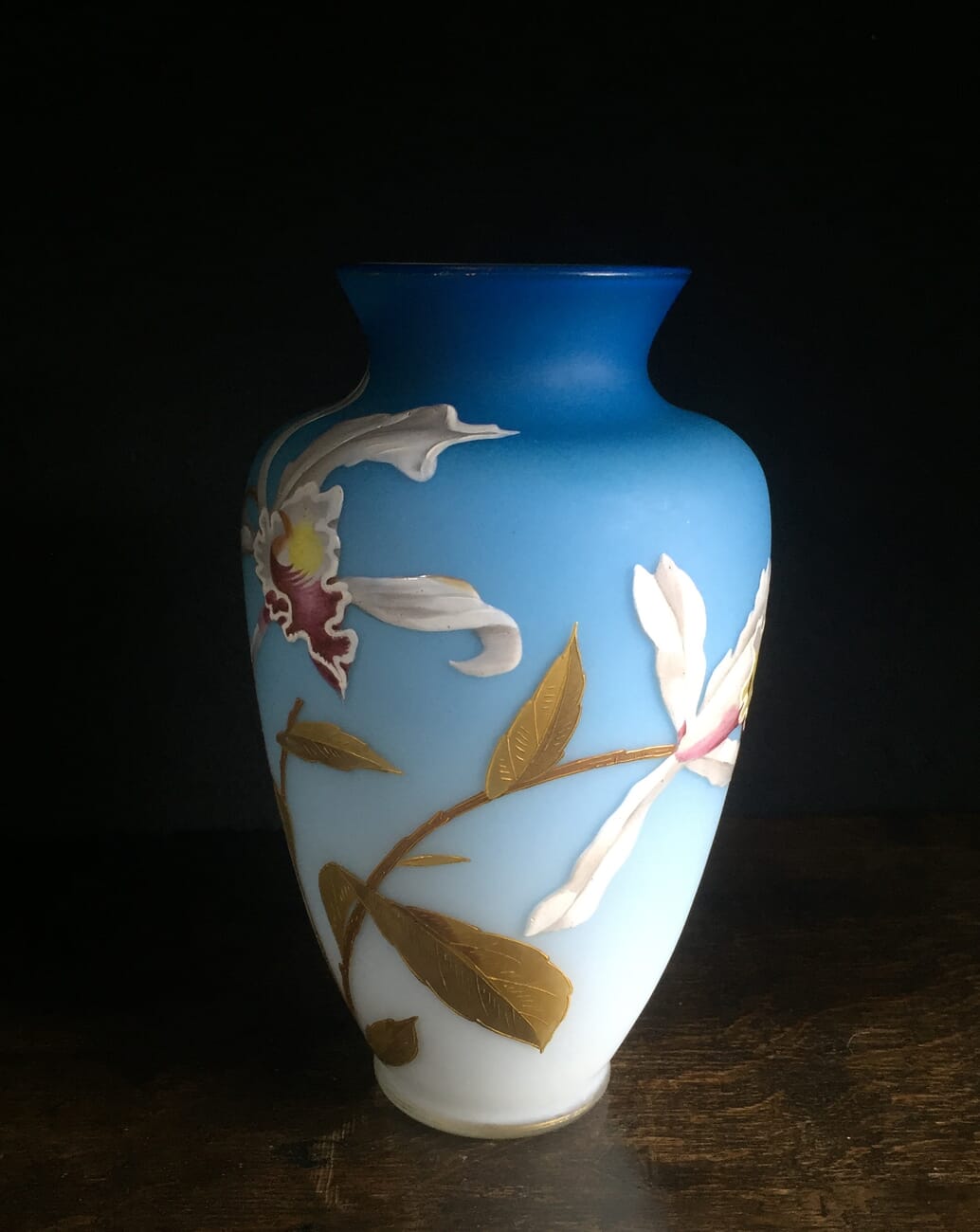 Webb overlay satin glass vase with orchids, c.1885-14862